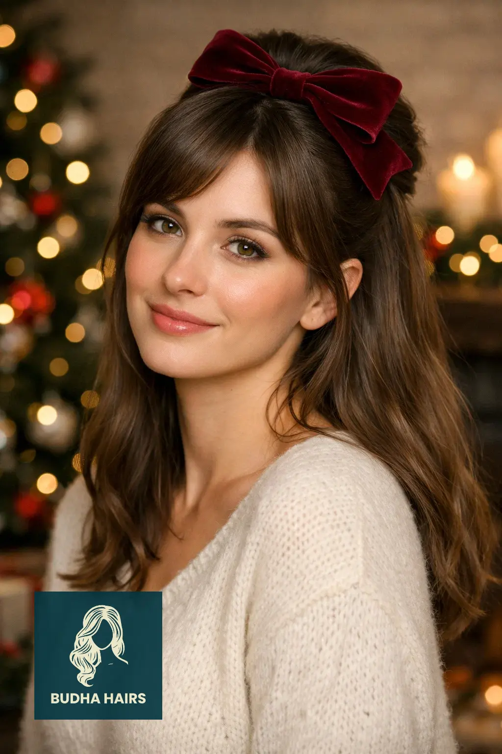30 Best Christmas Party Hairstyles for a Festive & Glamorous Look 2 Velvet Bow Half-Up Style