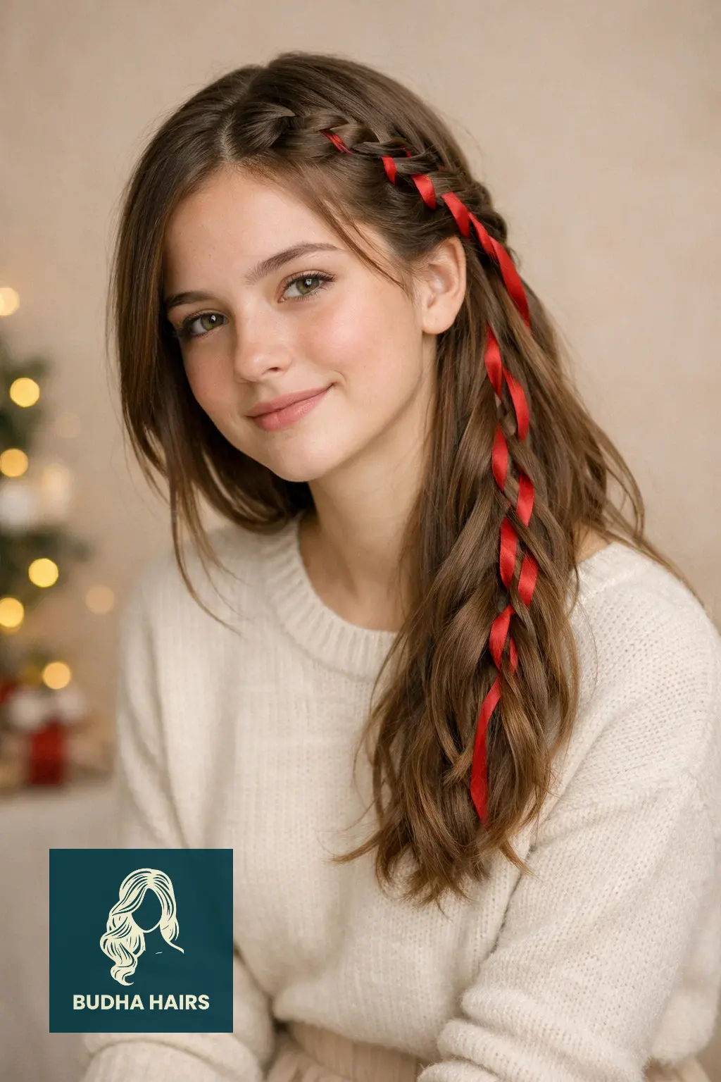30 Adorable Christmas Hairstyles for Kids: Easy & Festive Ideas 20 Waterfall Braid with Red Ribbon