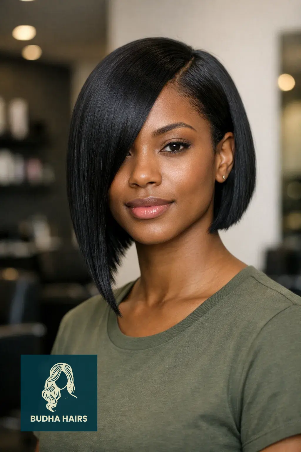 30 Straight Hairstyles for Black Women That Look Sleek 3 Asymmetrical Straight Bob