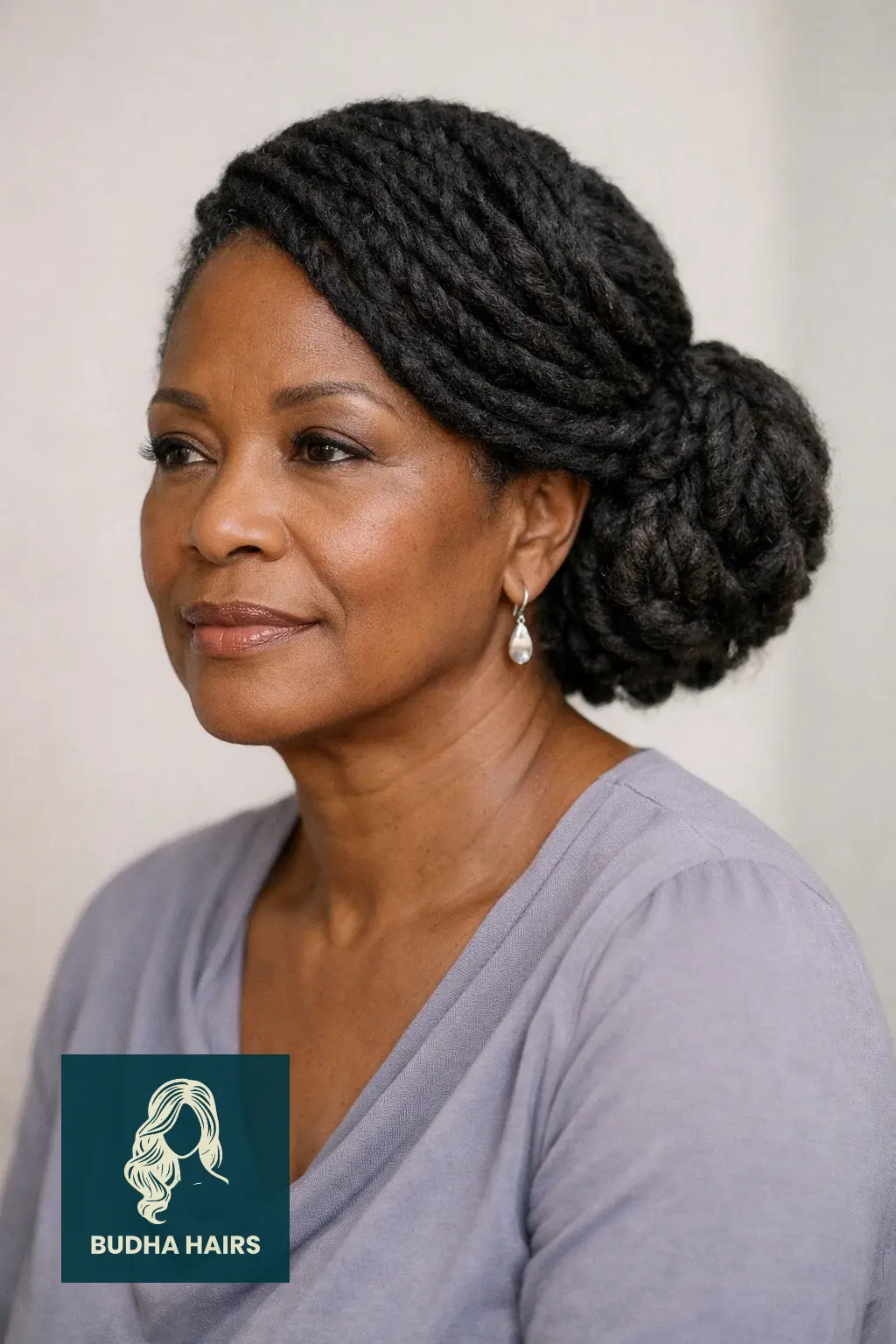 25 Easy and Elegant Updo Hairstyles for Older Black Women 14 Asymmetrical Twisted Side Bun