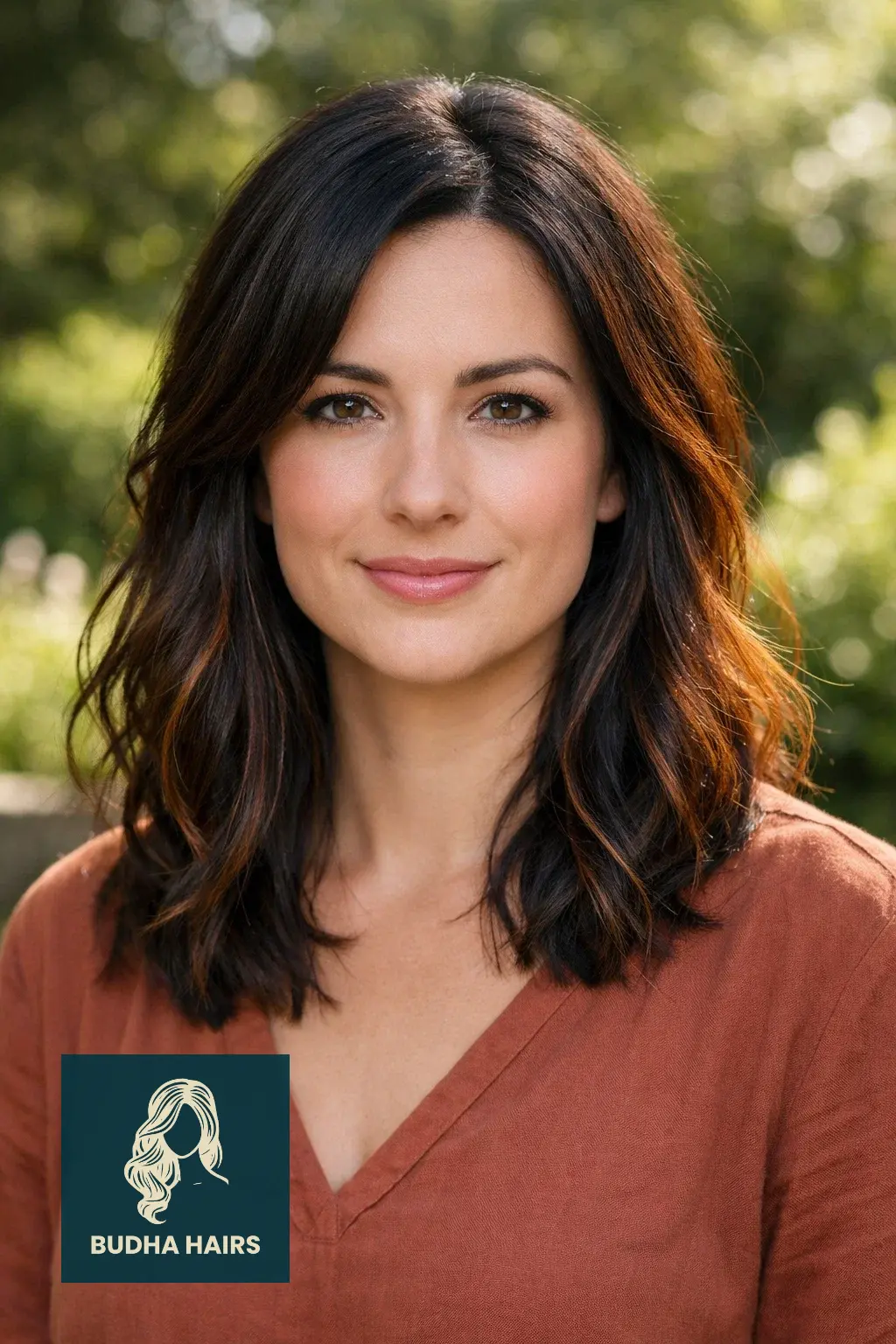 35 Best Black Hair with Brown Highlights: Top Ideas 2026 9 Auburn-Brown "Sun-Kissed" Highlights