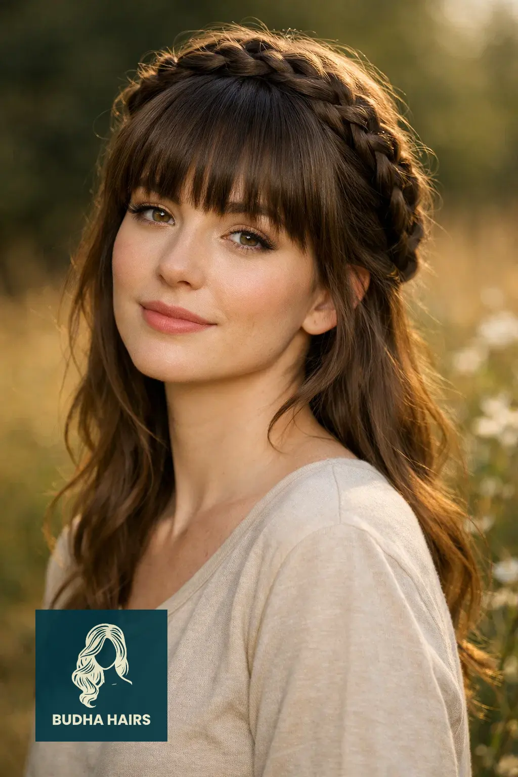 30 Elegant Hairstyles with Bangs: Stunning Formal Looks for 2026 6 Bohemian Braided Crown with Heavy Bangs
