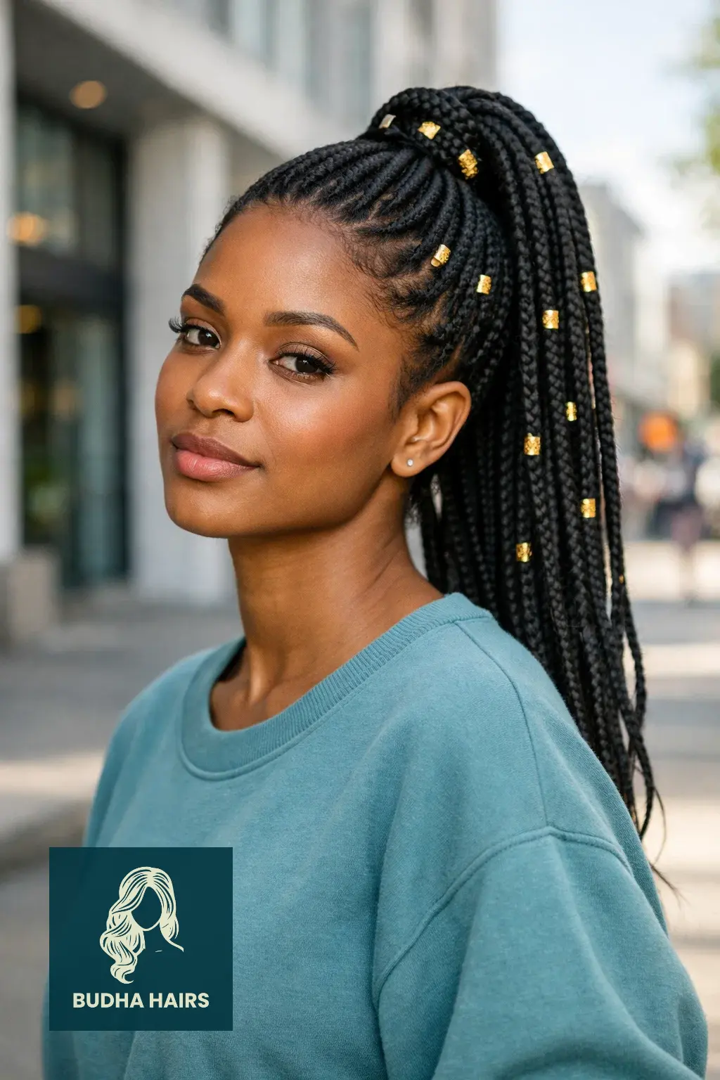 30 Chic Elegant Hairstyles for Black Women That Exude Confidence 29 Braided Ponytail with Gold Cuffs