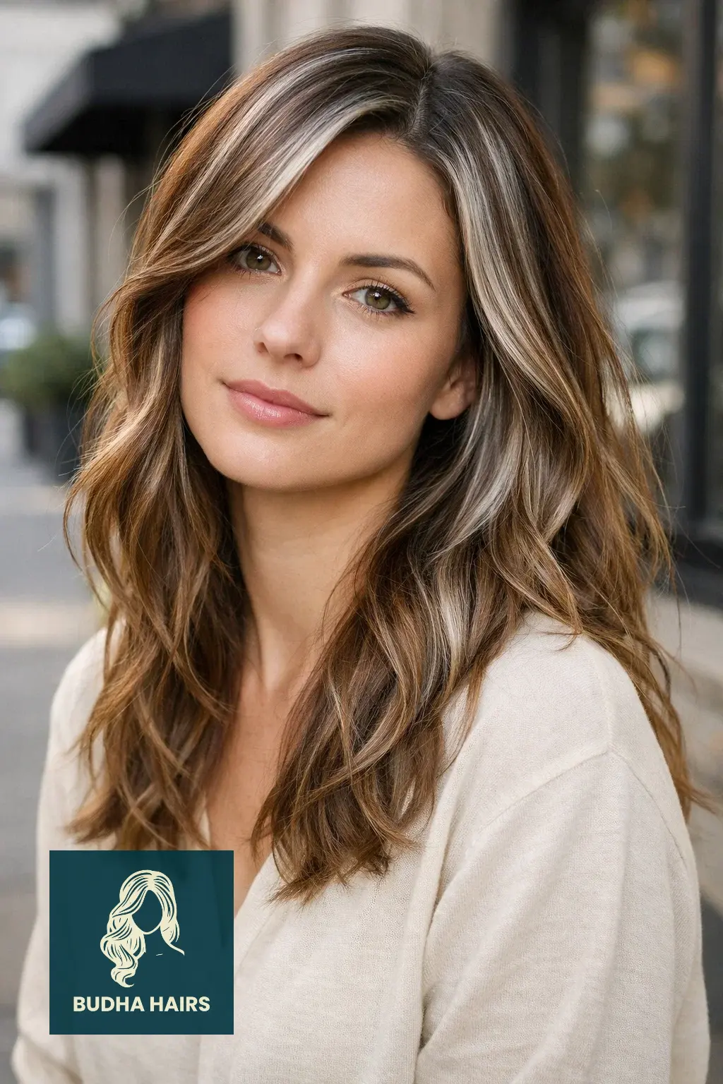 30 Best Brown Hair with Silver Highlights Ideas for 2026 5 Caramel Brown with Silver Foilyage