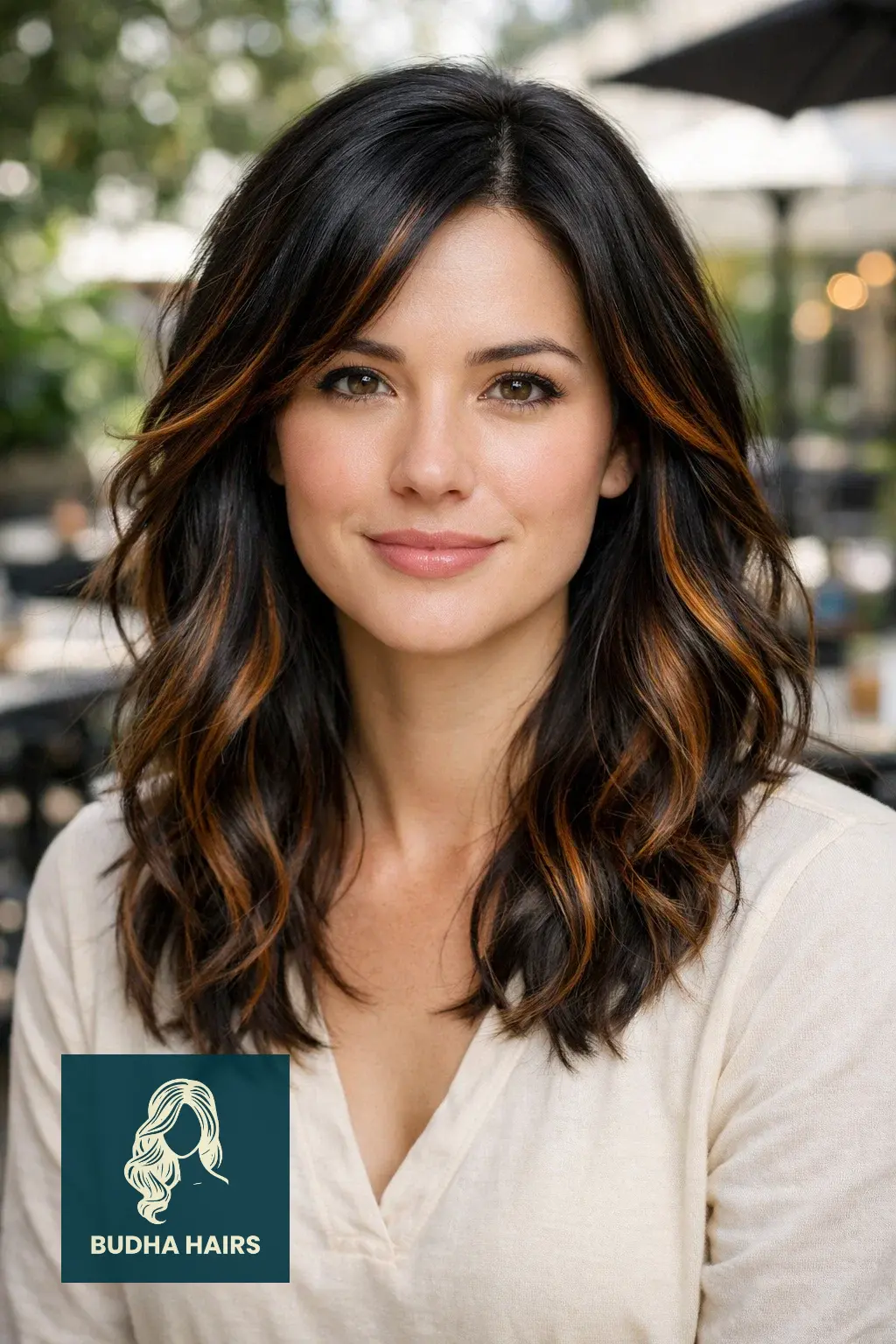 35 Best Black Hair with Brown Highlights: Top Ideas 2026 17 Caramel-Cognac Ribbon Highlights