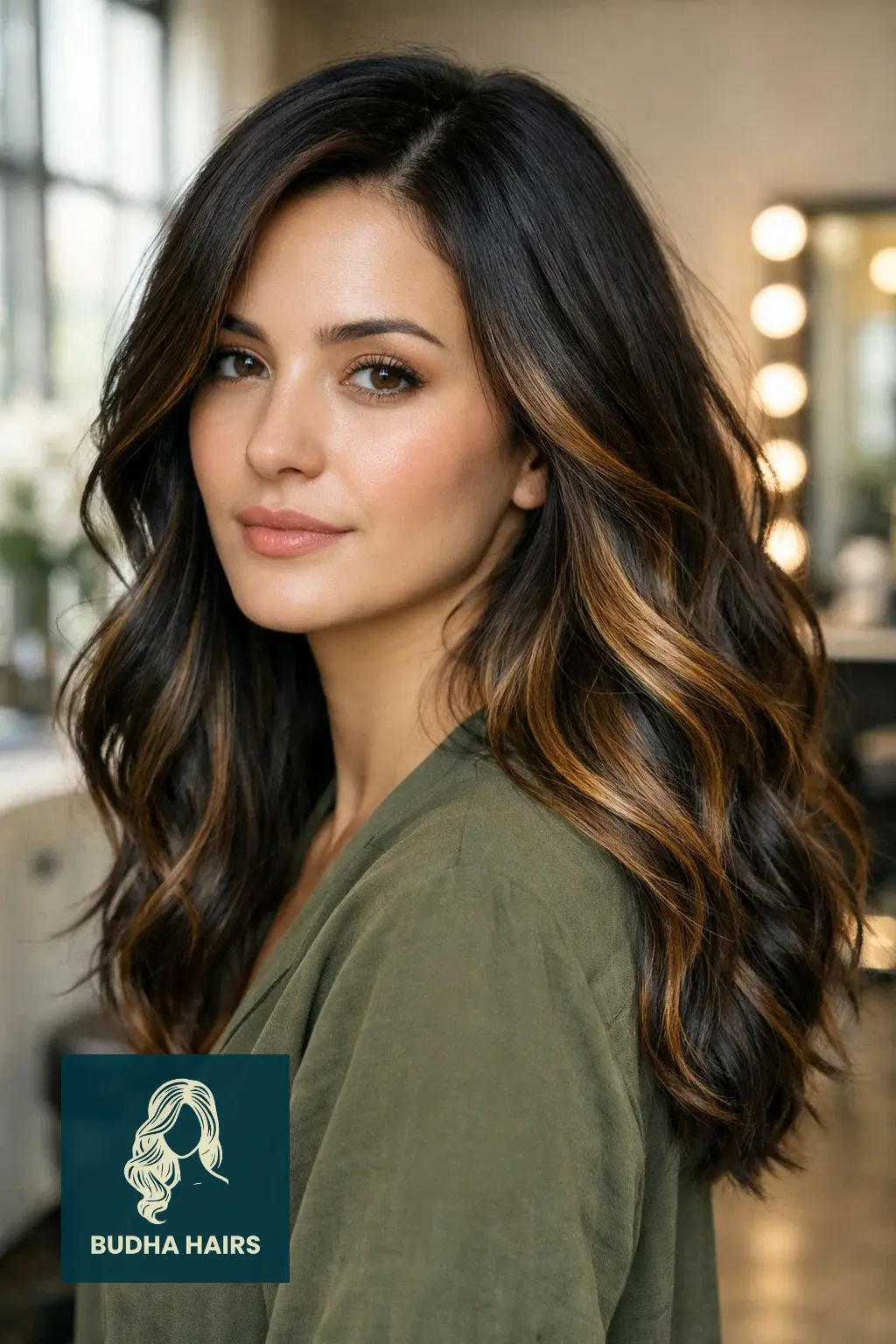 35 Best Black Hair with Brown Highlights: Top Ideas 2026 2 Caramel Ribbon Balayage