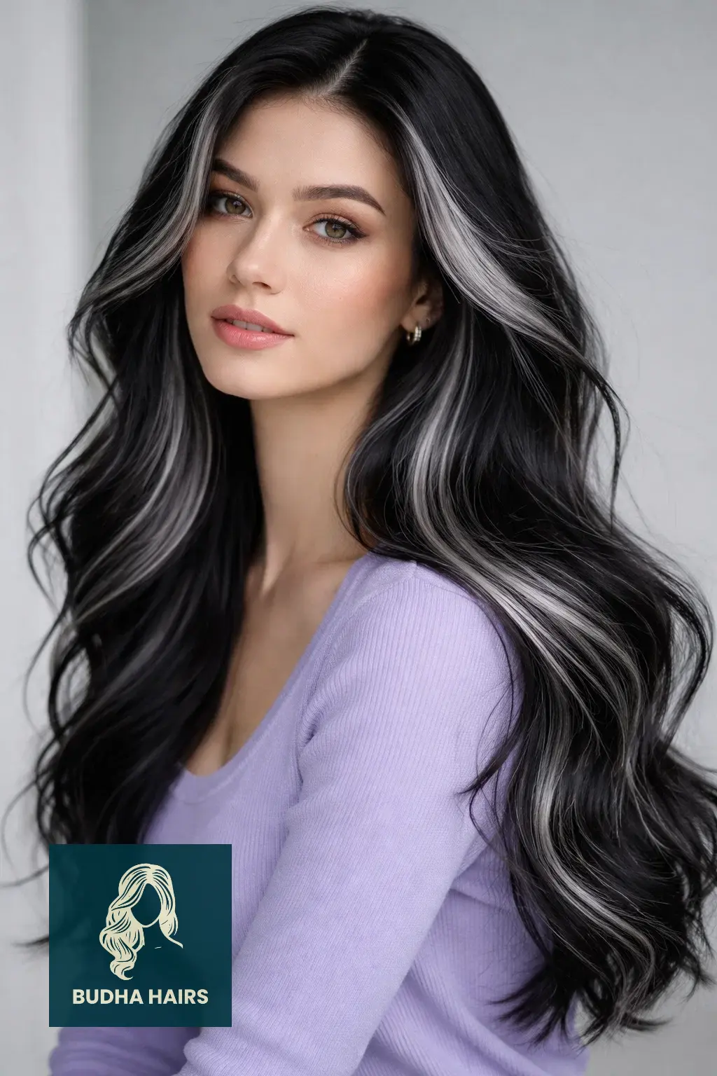 30 Winter Balayage Ideas for Brunettes with Cozy, Dark Tones 5 Charcoal Silver Ribboning on Raven Hair