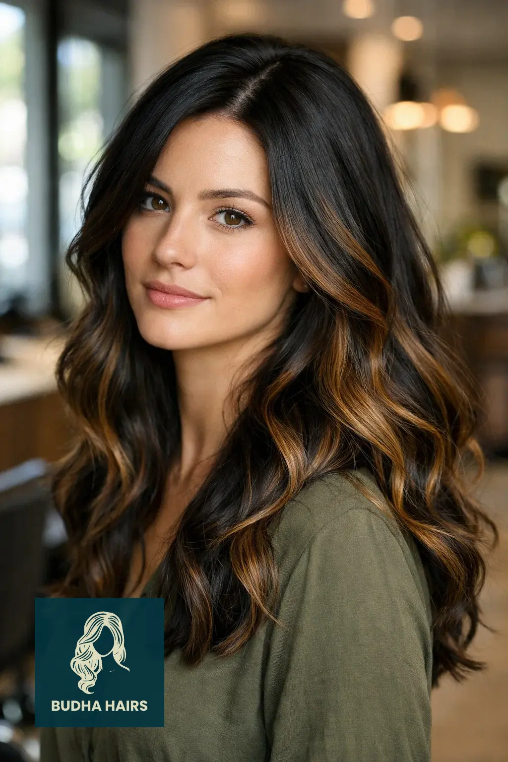 35 Best Black Hair with Brown Highlights: Top Ideas 2026 3 Chestnut Brown Face-Framing Highlights