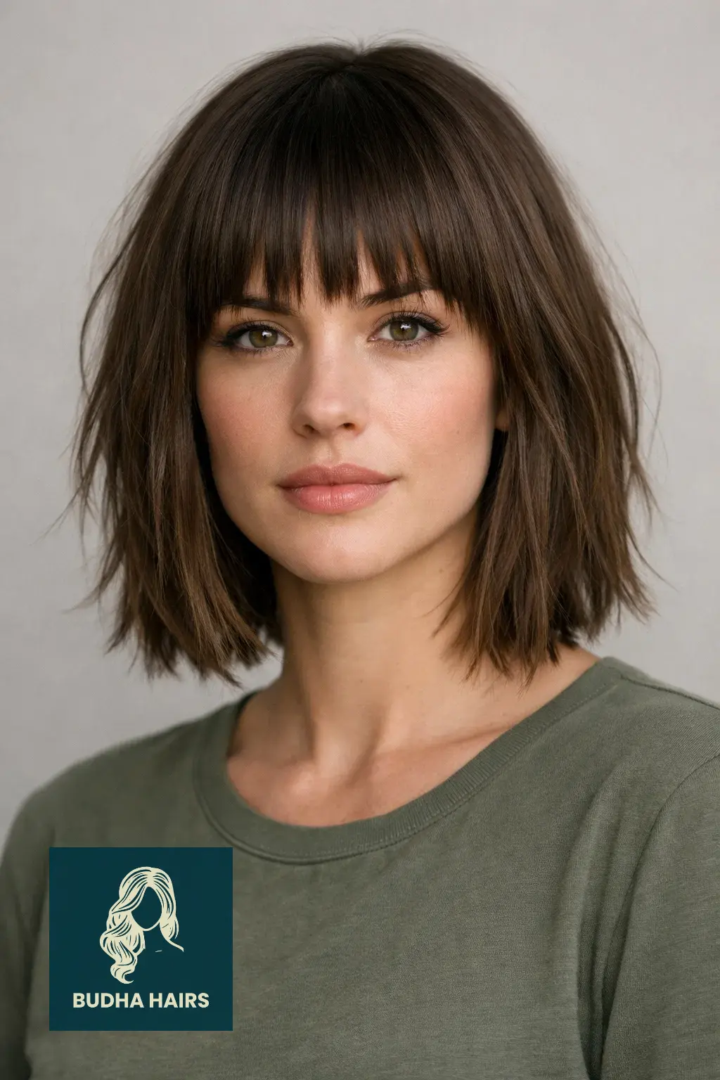30 Face Framing Layers with Bangs That Add Soft Texture 4 Choppy Lob with Blunt Bangs