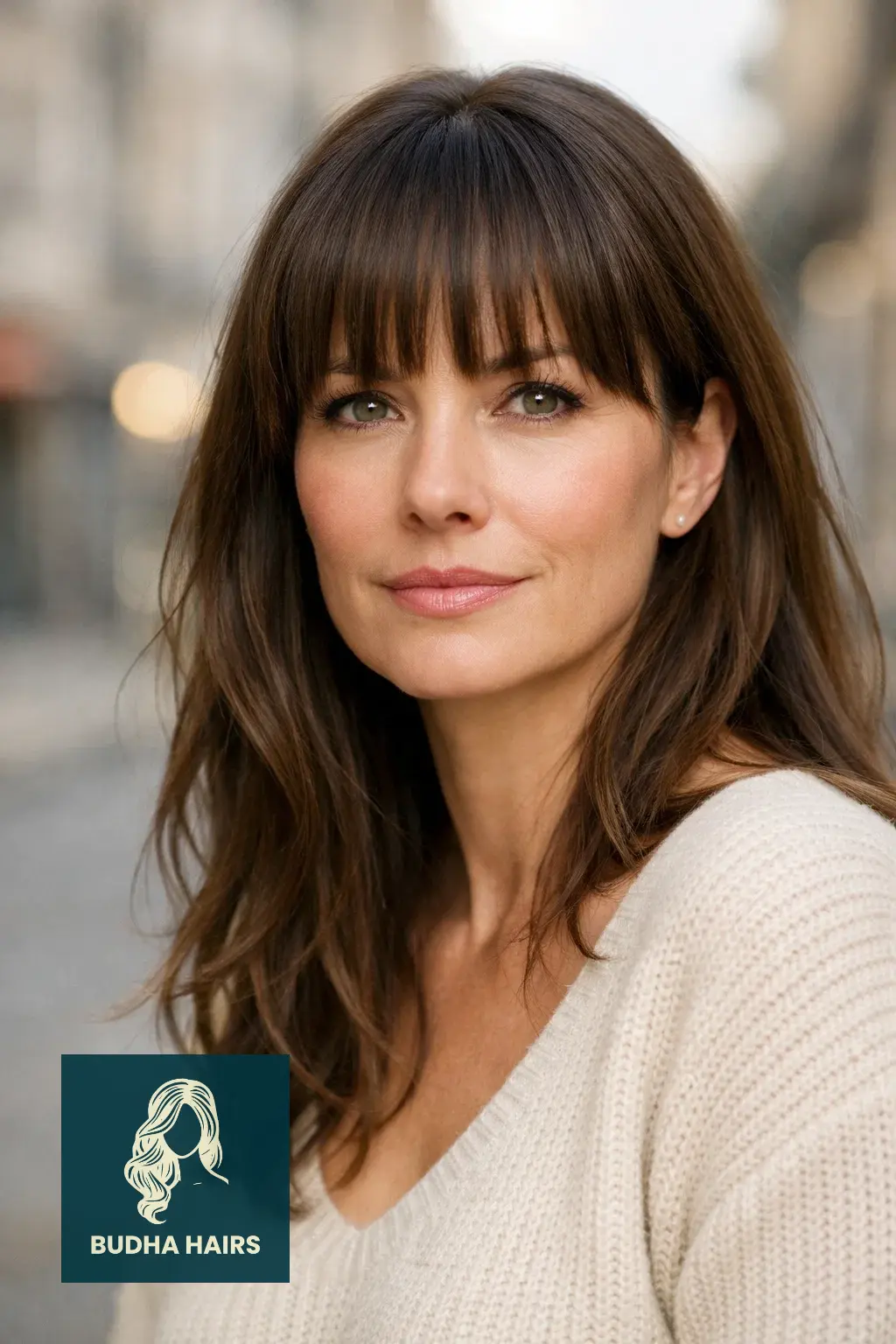 25 Bangs for Older Women with Long Hair That Look Youthful 3 Classic Blunt Bangs with Textured Ends
