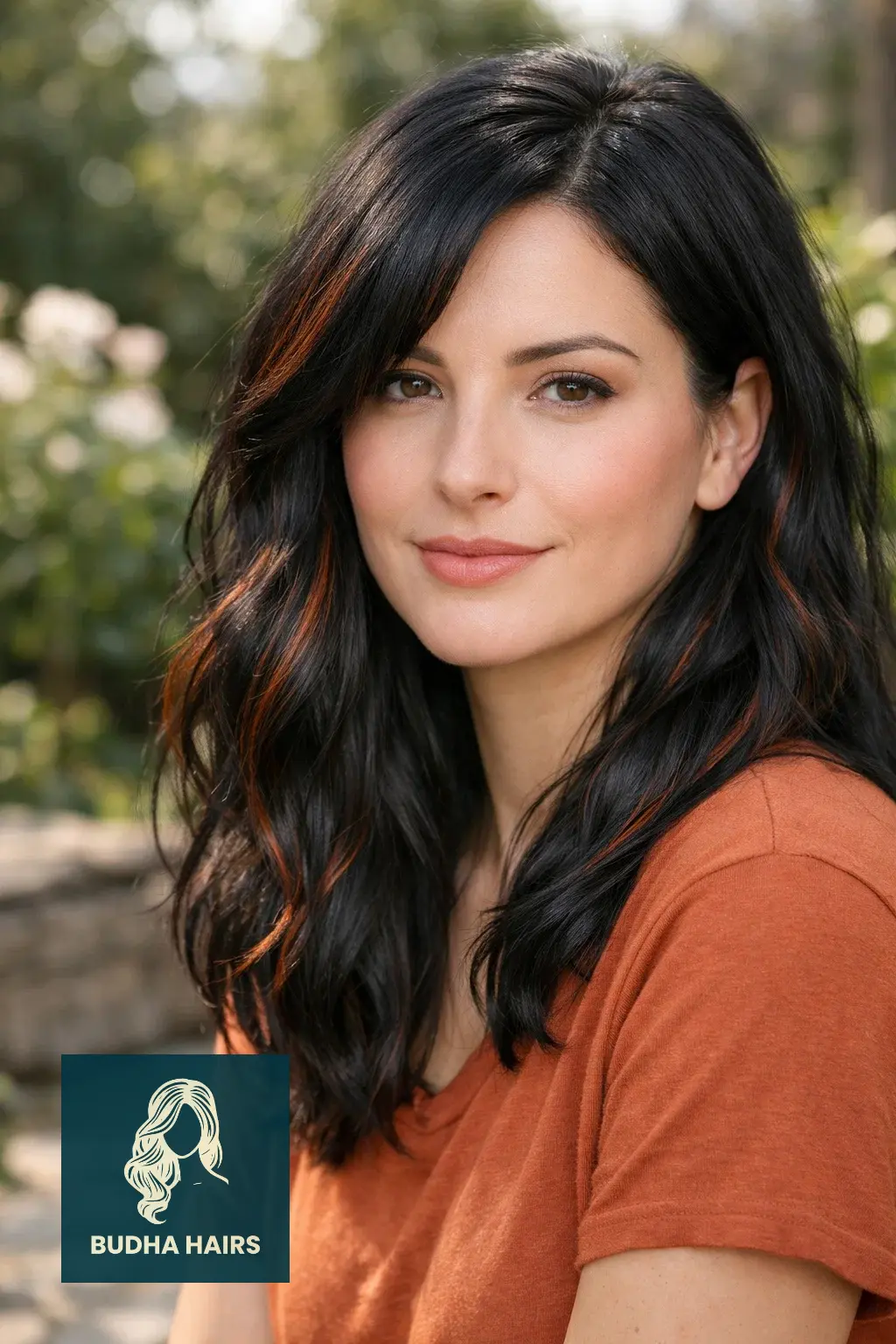 35 Best Black Hair with Brown Highlights: Top Ideas 2026 22 Deep Cinnamon Ribbons on Midnight Black