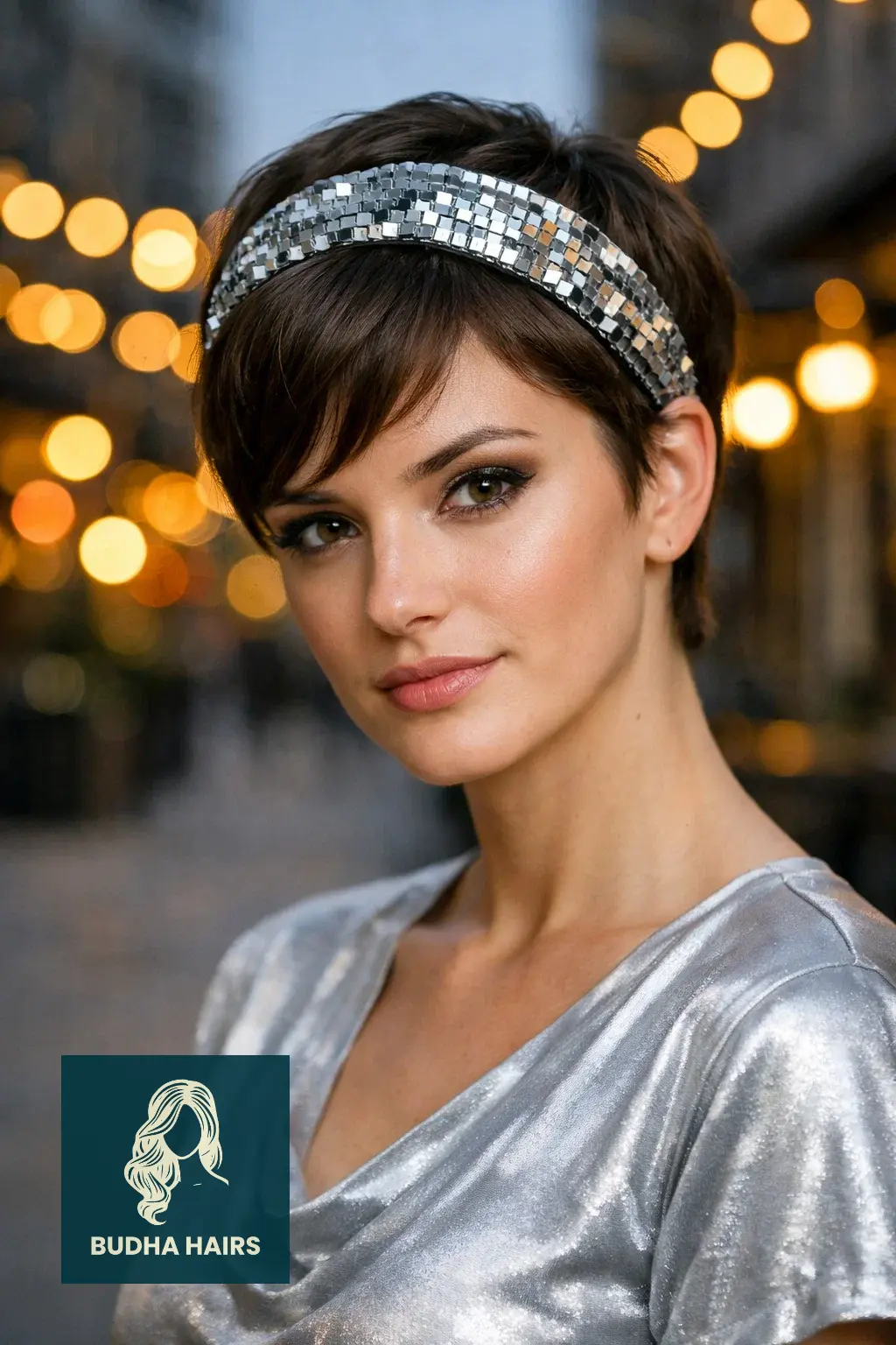 30 New Year’s Hairstyles for Short Hair Worth Trying 19 "Disco Ball" Sequined Headband on a Pixie