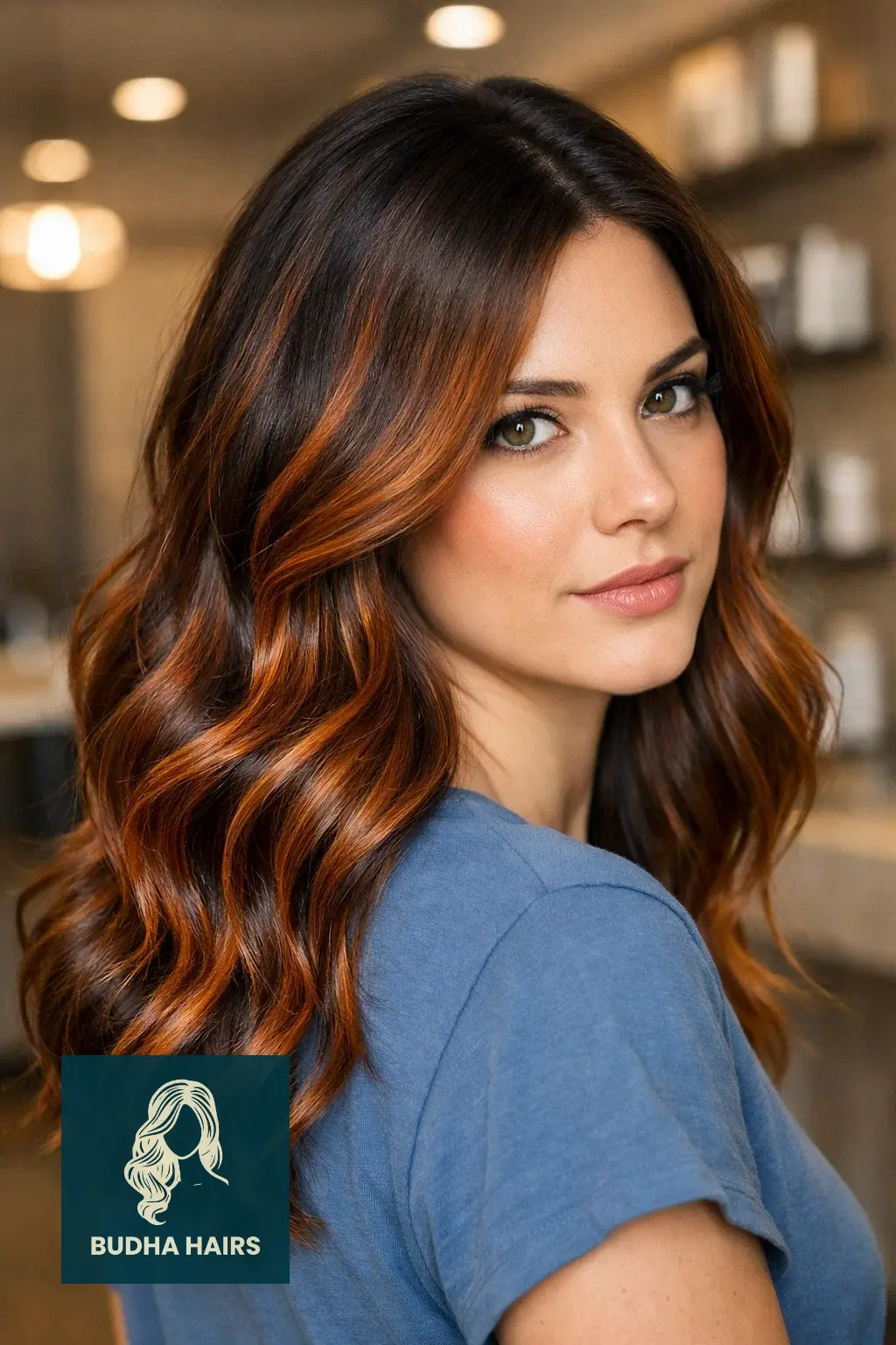 30 Best Red Copper Balayage Ideas for a High-Fashion Look 3 Espresso Base with "Sunset" Copper Ribbons