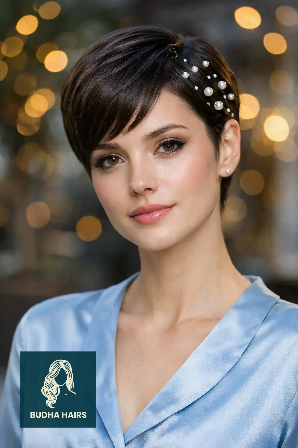 30 New Year’s Hairstyles for Short Hair Worth Trying 21 Glass Hair Pixie with Pearl Hair Stickers
