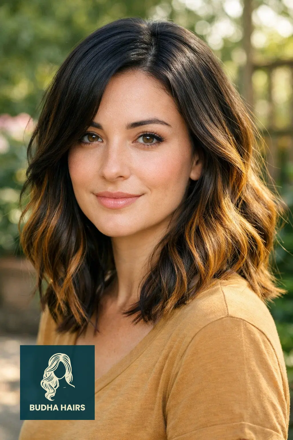 35 Best Black Hair with Brown Highlights: Top Ideas 2026 25 Golden Amber Balayage for Sun Kissed Energy
