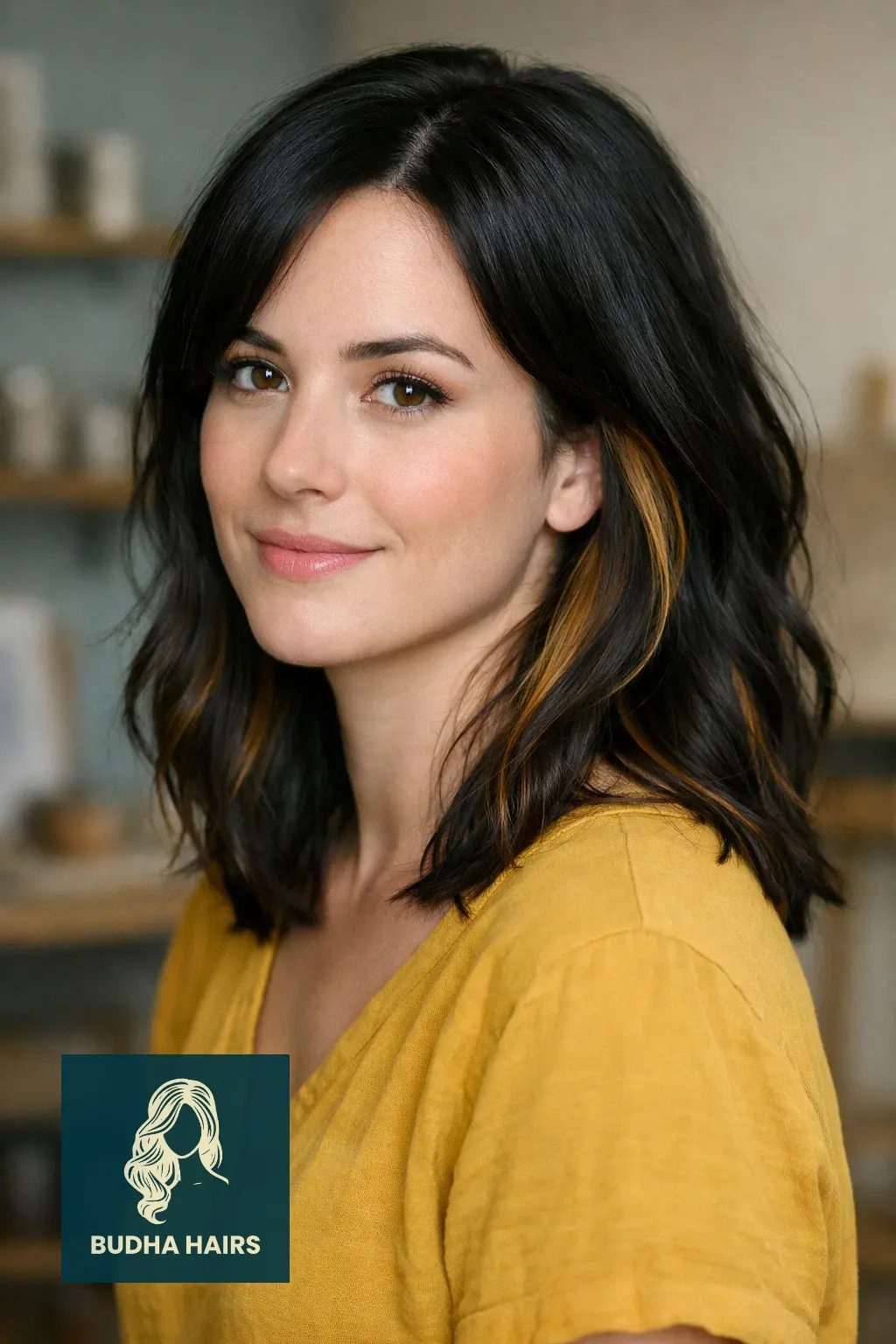 35 Best Black Hair with Brown Highlights: Top Ideas 2026 14 Golden Brown "Peek-a-Boo" Highlights