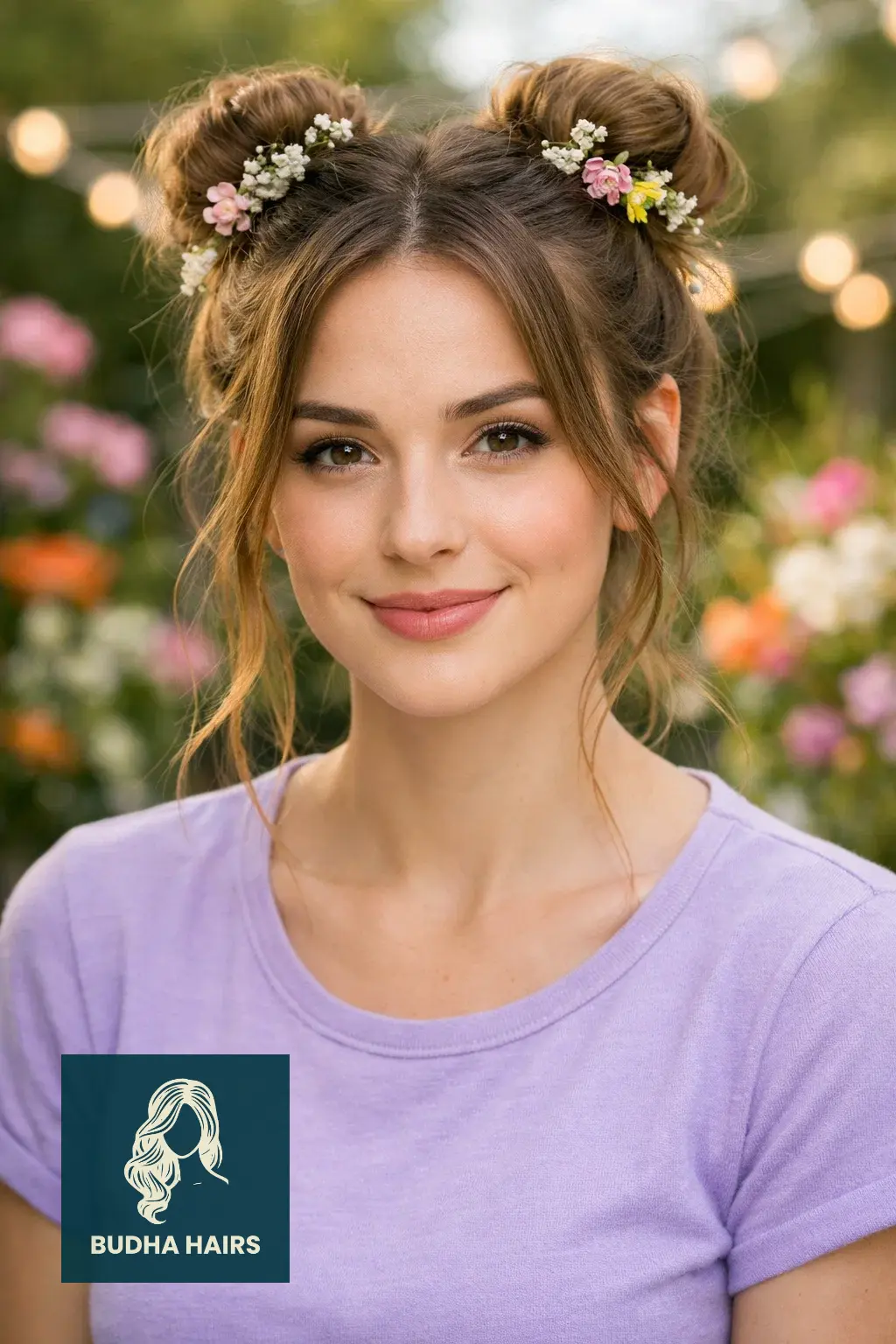 30 Bridal Shower Hairstyles for the Bride That Look Stunning 24 Half-Up Space Buns with Floral Accents