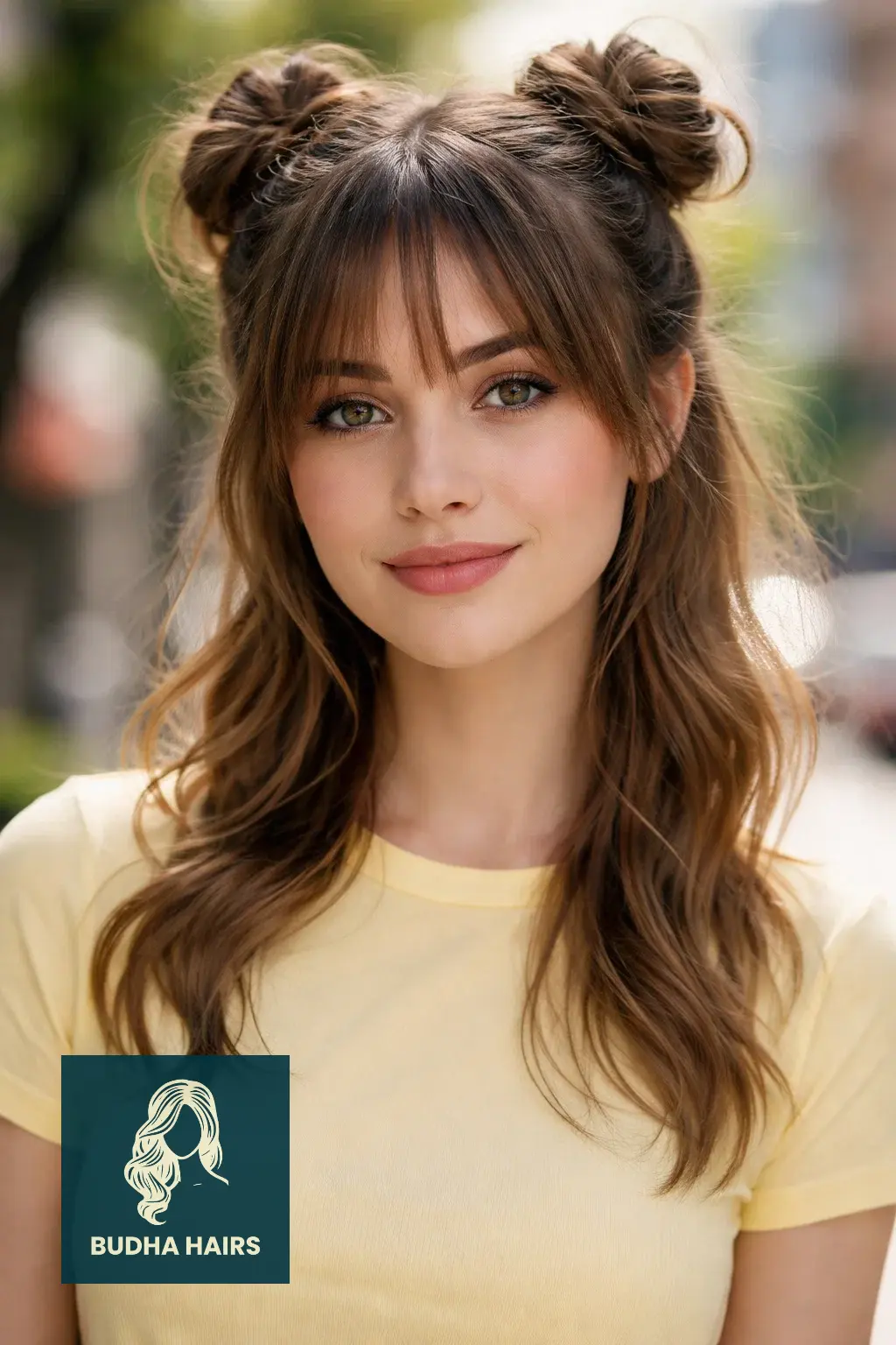 25 Flawless Fine Hair with Bangs Hairstyles: Volumizing Looks 2026 16 Half-Up Space Buns with Fringe
