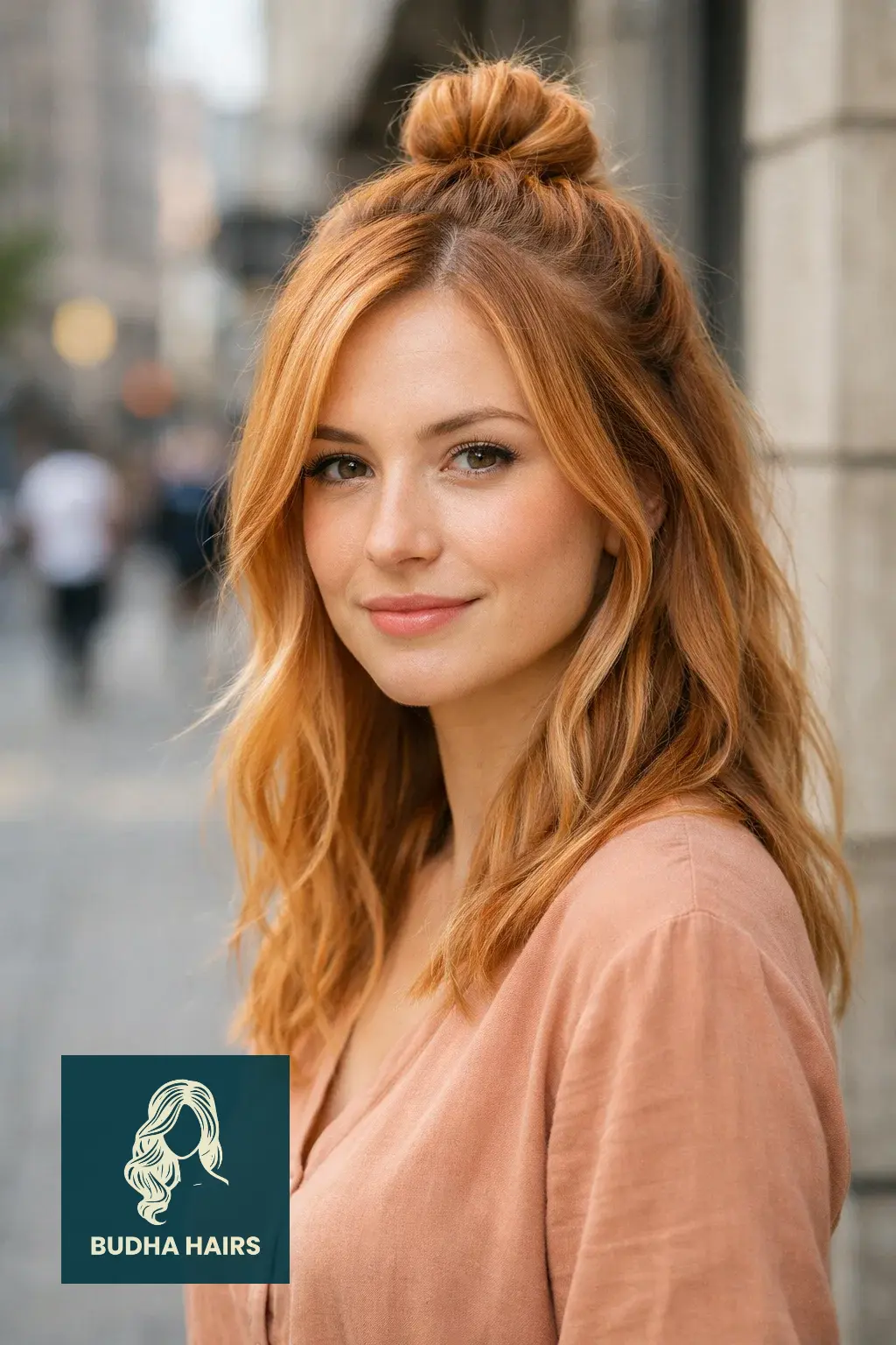 Strawberry Blonde Balayage: 25 Stunning Ideas for a 2026 Glow 11 Half-Up Top Knot with Apricot Overlays