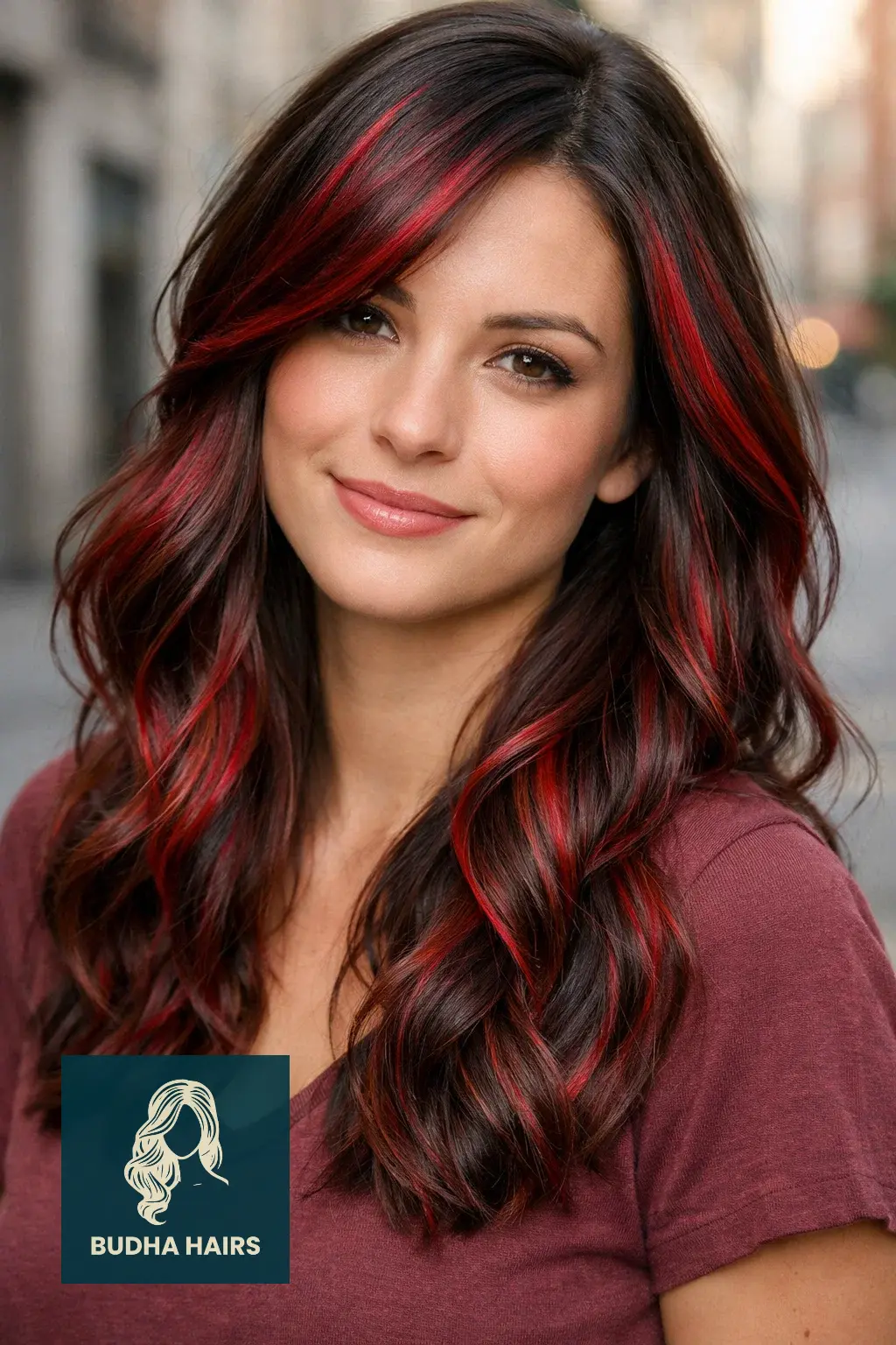 30 Best Cherry Cola Balayage Ideas for a Bold Look 2026 13 Hazelnut Base with Bold Crimson Ribbons