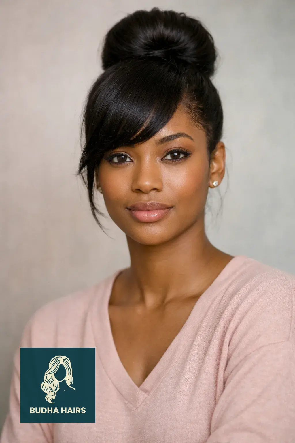 30 Chic Elegant Hairstyles for Black Women That Exude Confidence 28 High Bun with Swoop Bangs