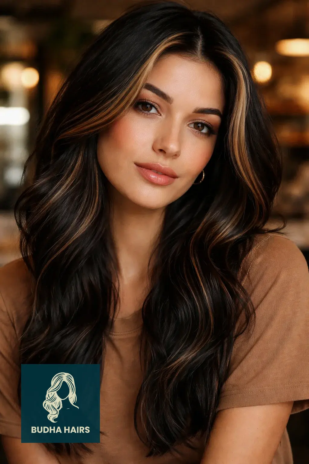 35 Best Black Hair with Brown Highlights: Top Ideas 2026 10 Honey-Brown "Money Piece" for Impact