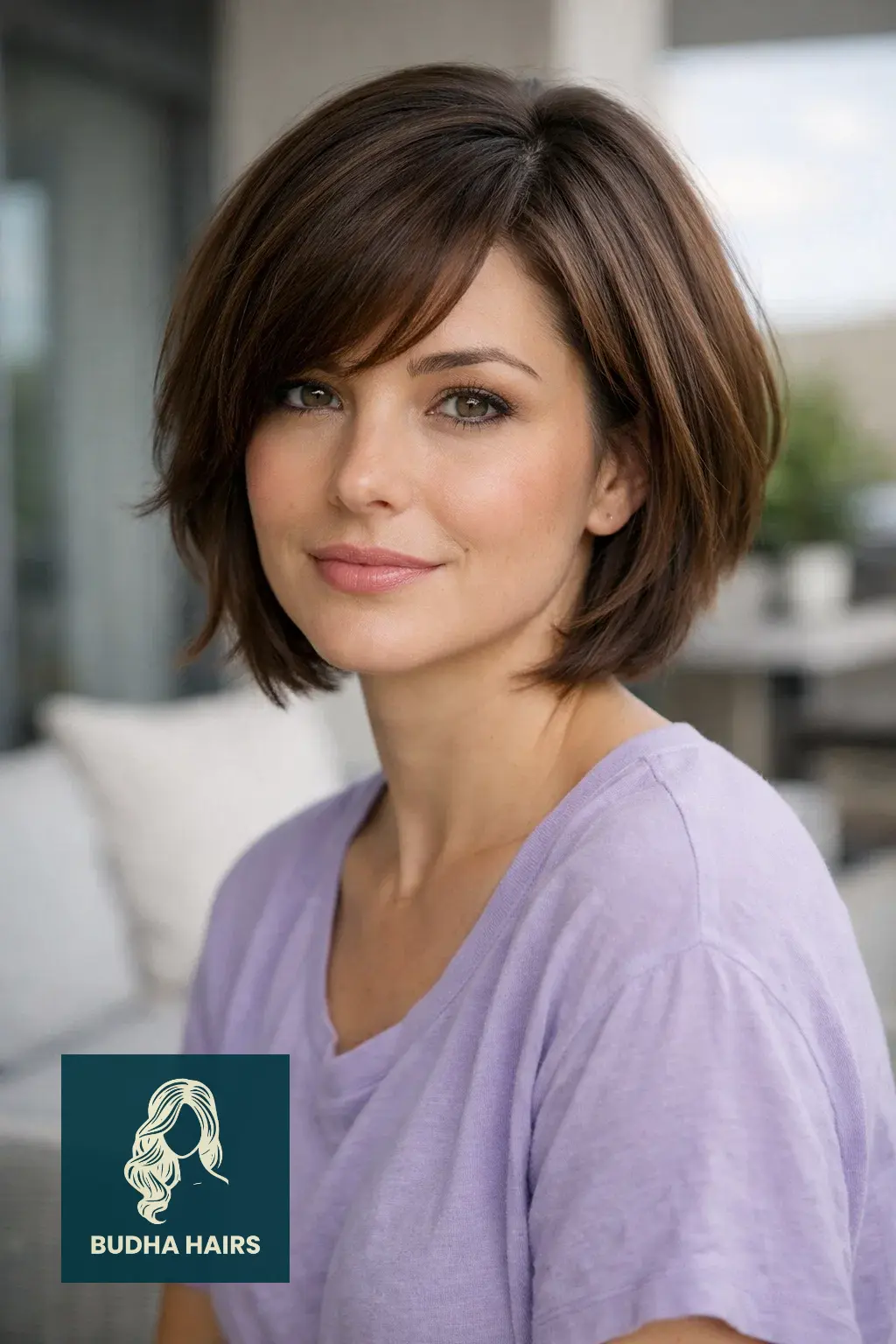 30 Face Framing Layers with Bangs That Add Soft Texture 21 Layered Chin Bob with Swooping Side Bangs