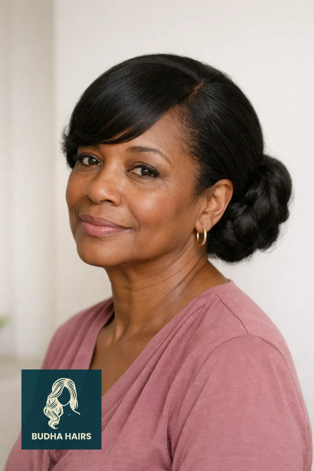 25 Easy and Elegant Updo Hairstyles for Older Black Women 6 Low Chignon with Swoop Bang