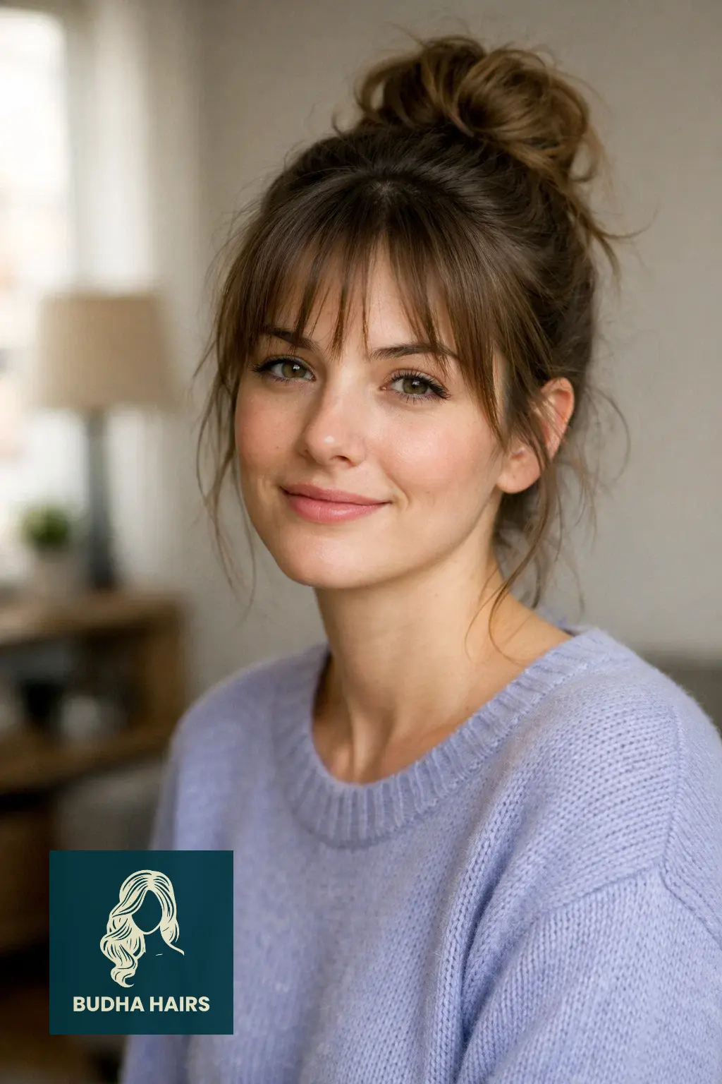 25 Flawless Fine Hair with Bangs Hairstyles: Volumizing Looks 2026 7 Messy Bun with Face-Framing Bangs