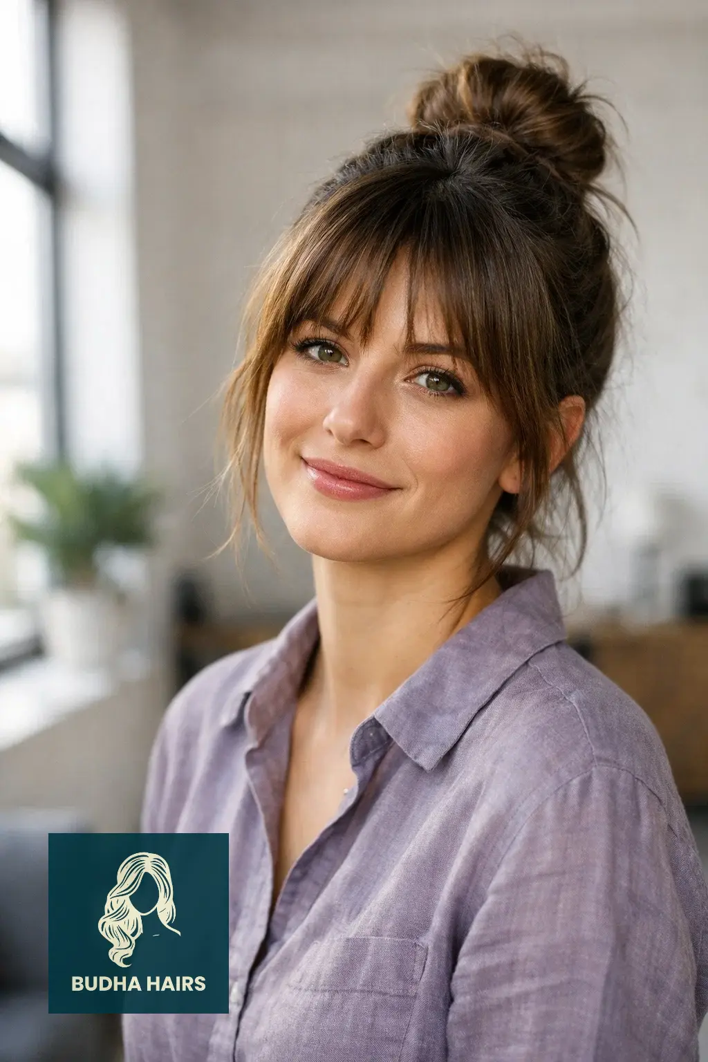 30 Elegant Hairstyles with Bangs: Stunning Formal Looks for 2026 7 Messy Top Knot with Face-Framing Layers