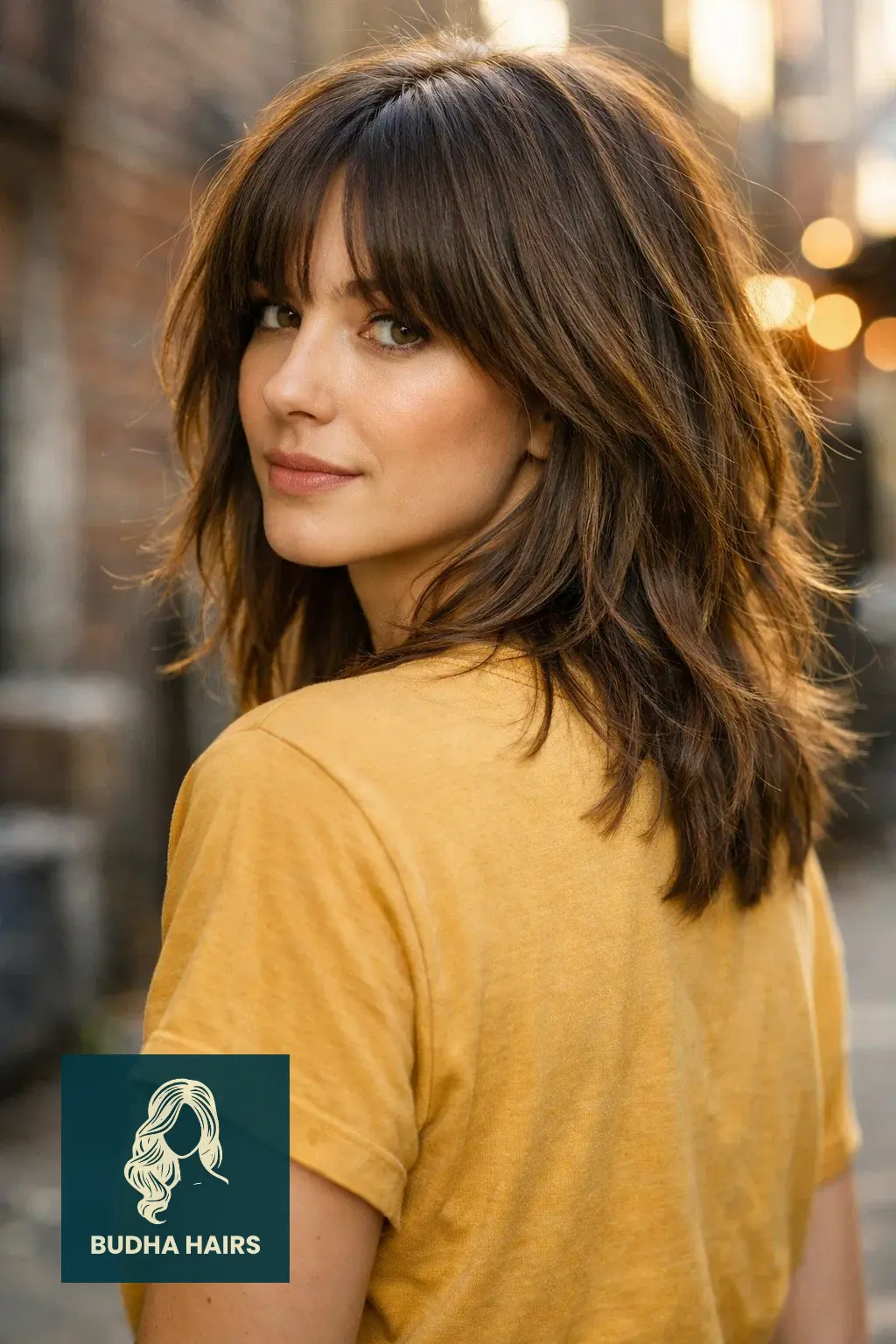 30 Face Framing Layers with Bangs That Add Soft Texture 11 Mid-Length Shag with Retro Curtain Bangs