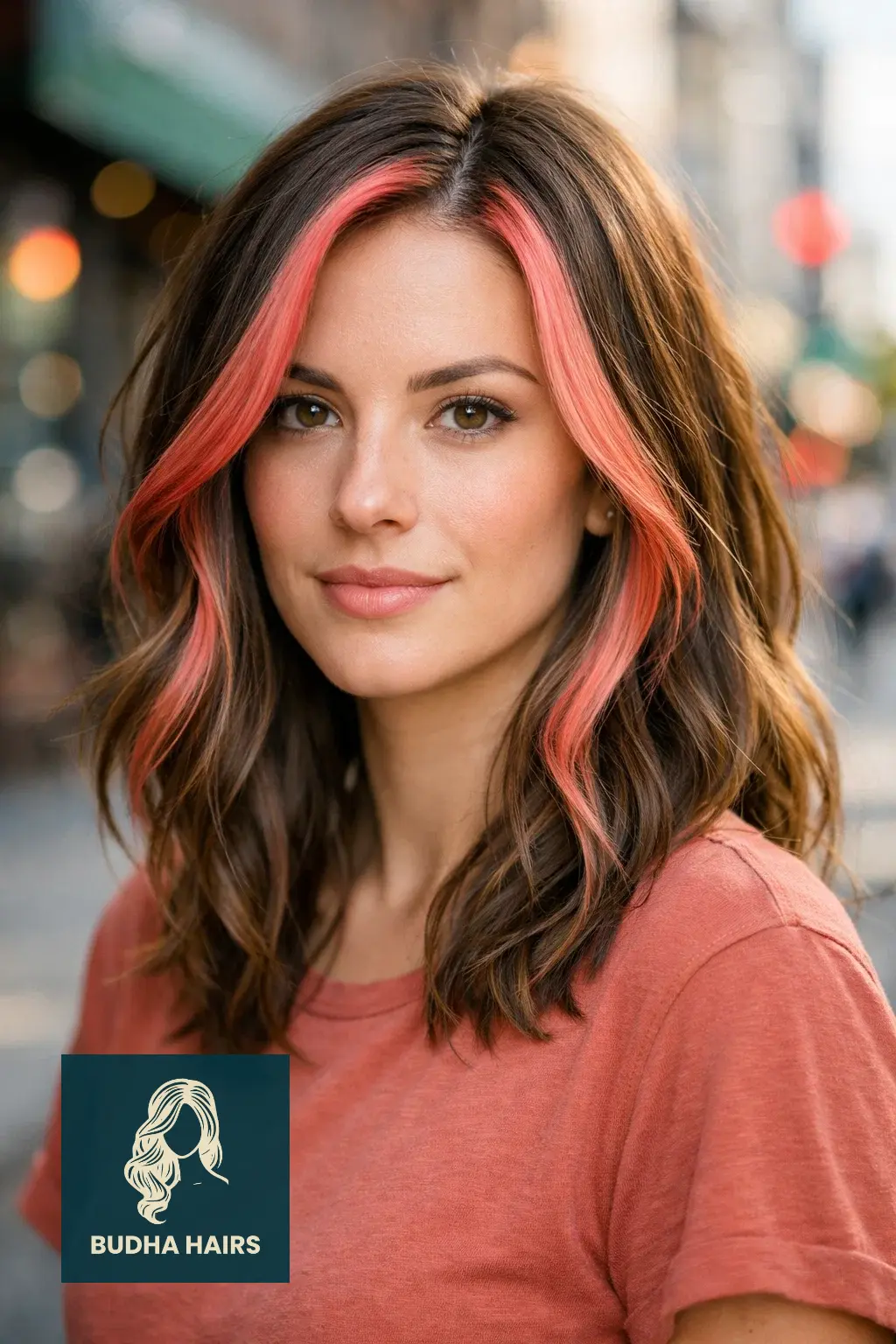30 Best Pink Highlights in Brown Hair: Top Ideas for 2026 9 Salmon Pink "Money Piece" for Impact