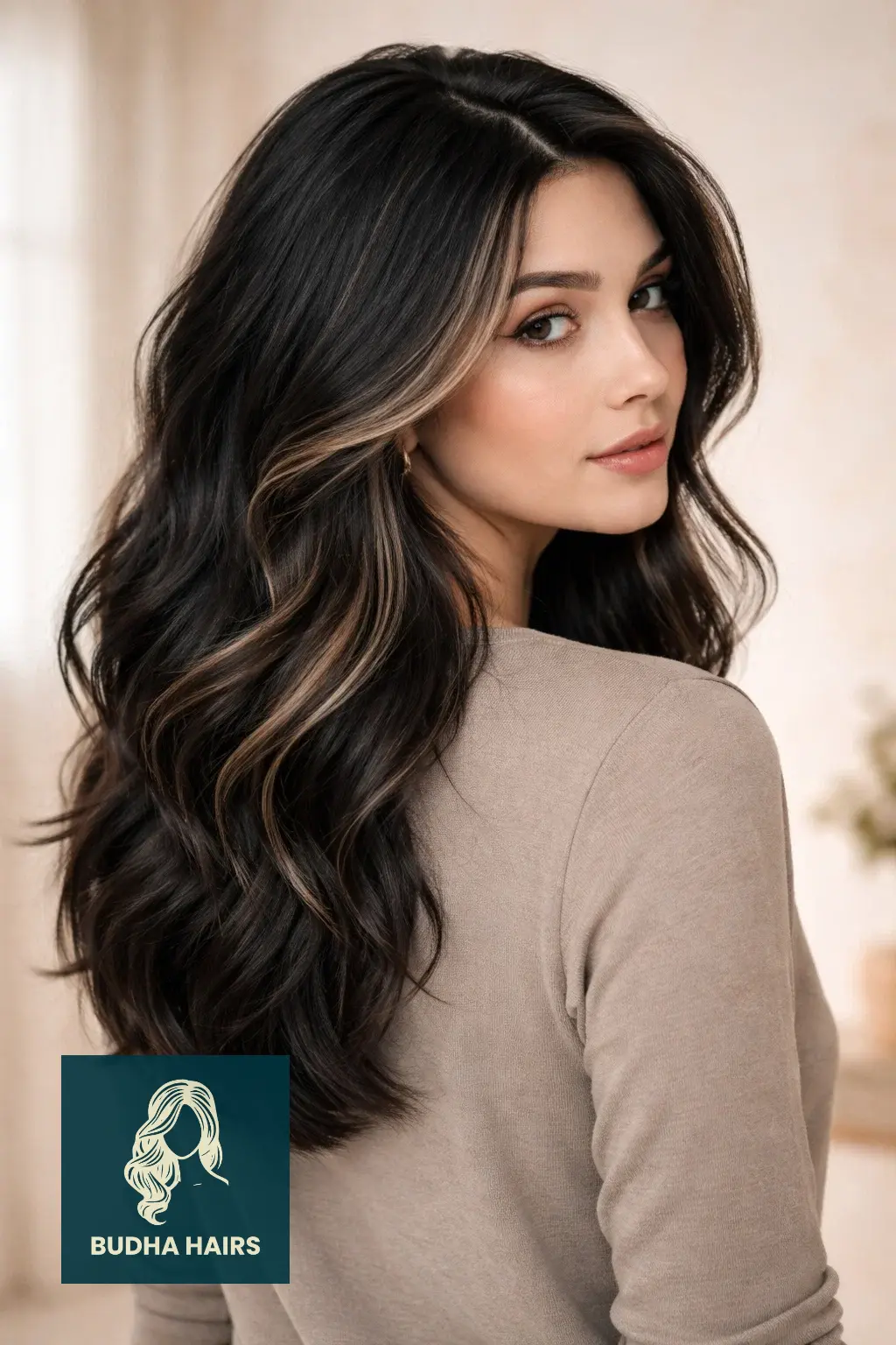 35 Best Black Hair with Brown Highlights: Top Ideas 2026 23 Sandy Beige "Internal" Highlights