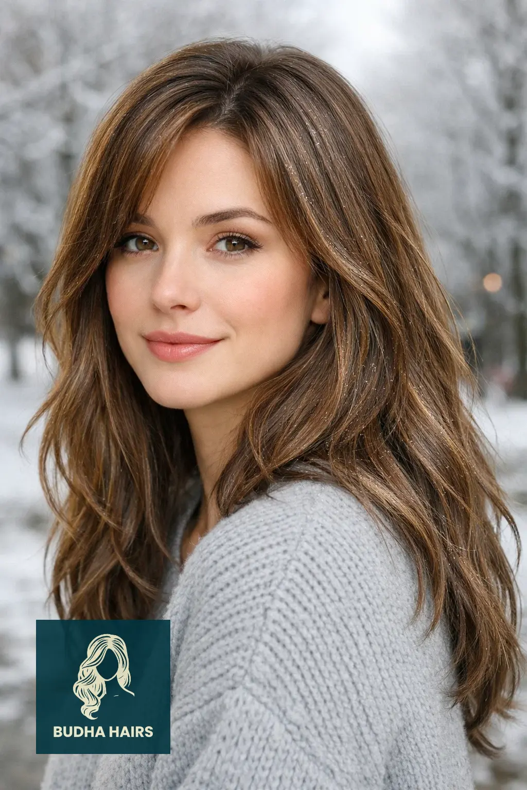 30 Best Winter Highlights for Brown Hair for an Expensive Look 14 Sandy Cedar with "Frost-Dust" Shimmer