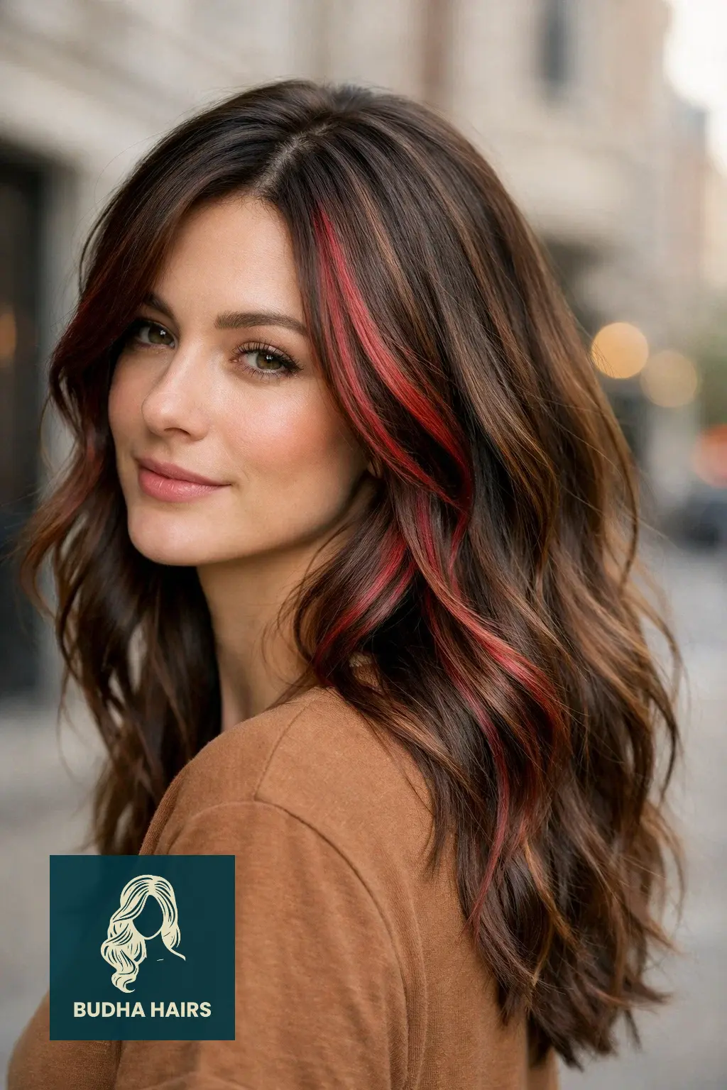 30 Best Cherry Cola Balayage Ideas for a Bold Look 2026 22 Sandy Mocha with Cherry Face-Framing Ribbons