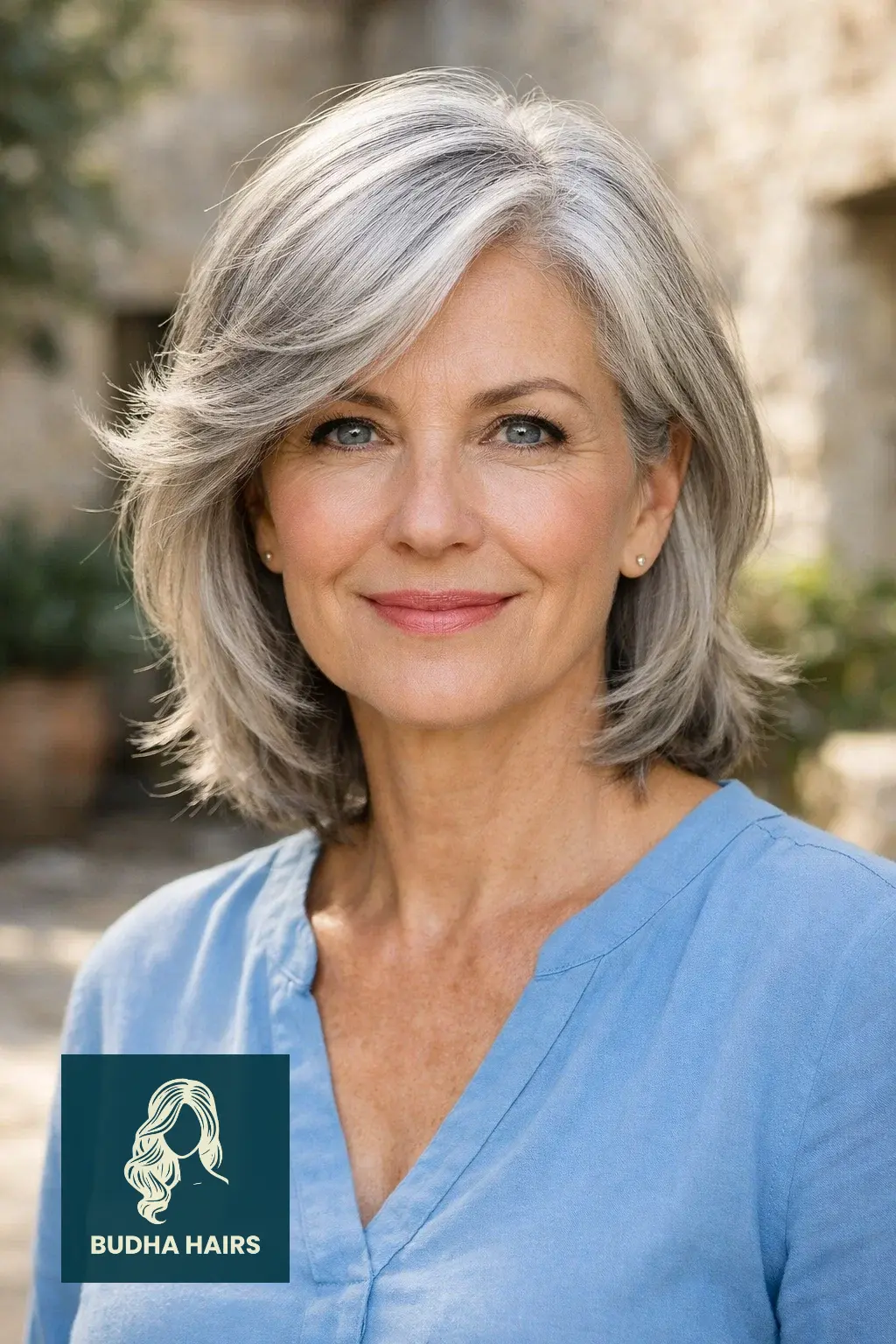 30 Short Hairstyles for Women Over 50 With Gray Hair That Look Chic 29 Side-Parted Silver "Swoop"