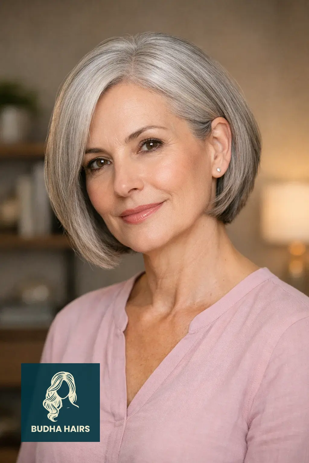 30 Short Hairstyles for Women Over 50 With Gray Hair That Look Chic 18 Side-Parted Silver "Tucked" Bob