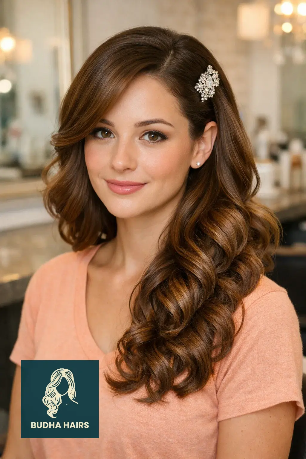 20 Gorgeous Side Part Hairstyles for Long Hair for Every Occasion 6 Side-Swept Curls with Decorative Barrette