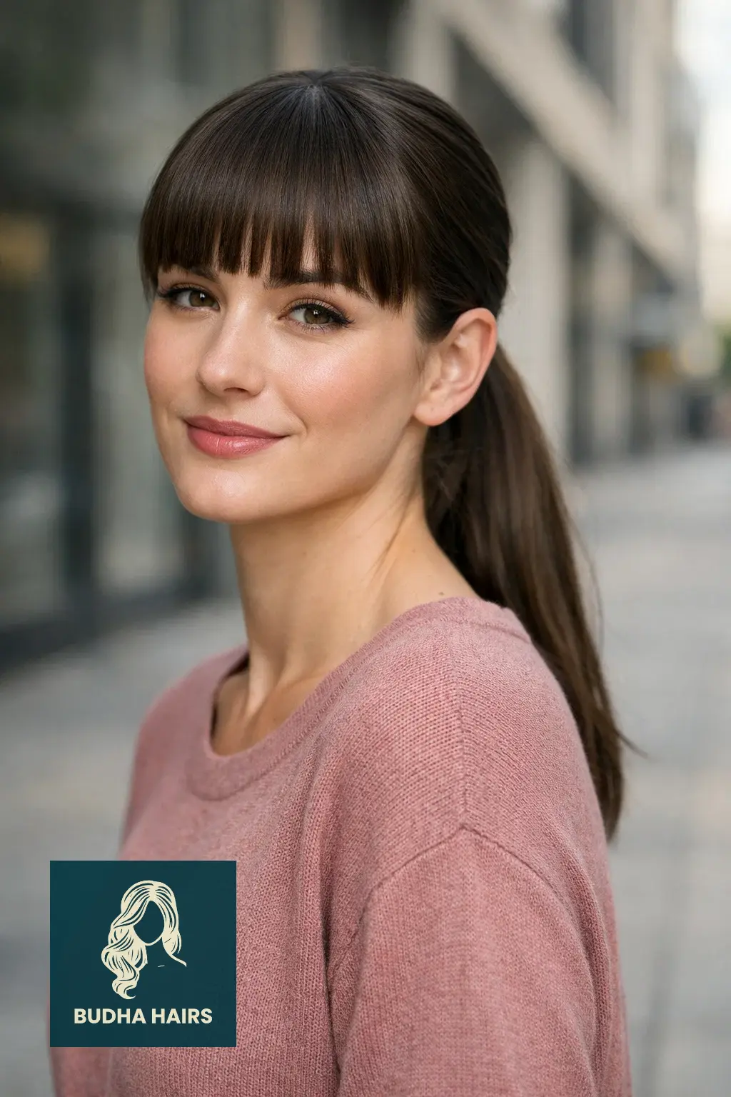 30 Elegant Hairstyles with Bangs: Stunning Formal Looks for 2026 2 Sleek Low Pony with Blunt Bangs