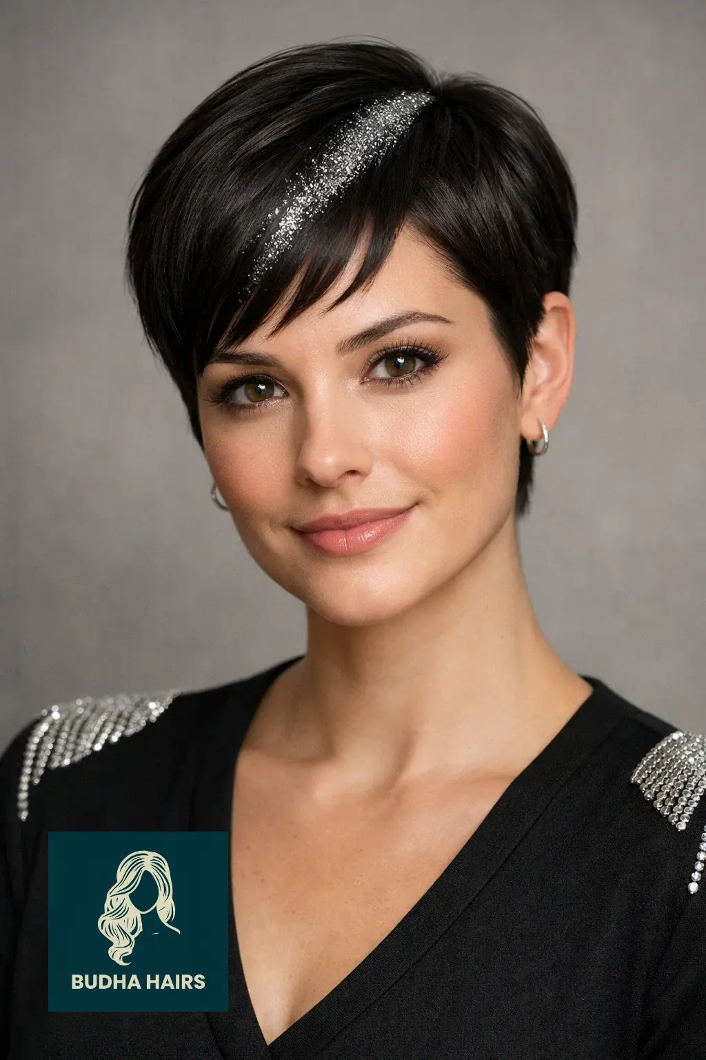 30 New Year’s Hairstyles for Short Hair Worth Trying 1 Sleek Pixie with Silver Glitter Part