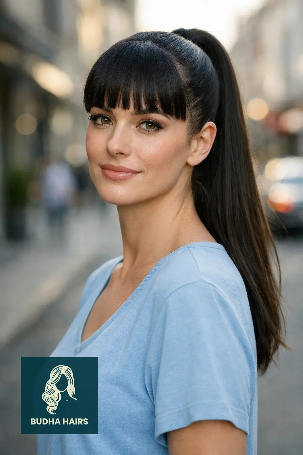 30 Elegant Hairstyles with Bangs: Stunning Formal Looks for 2026 24 Sleek Straight High Pony with Blunt Bangs