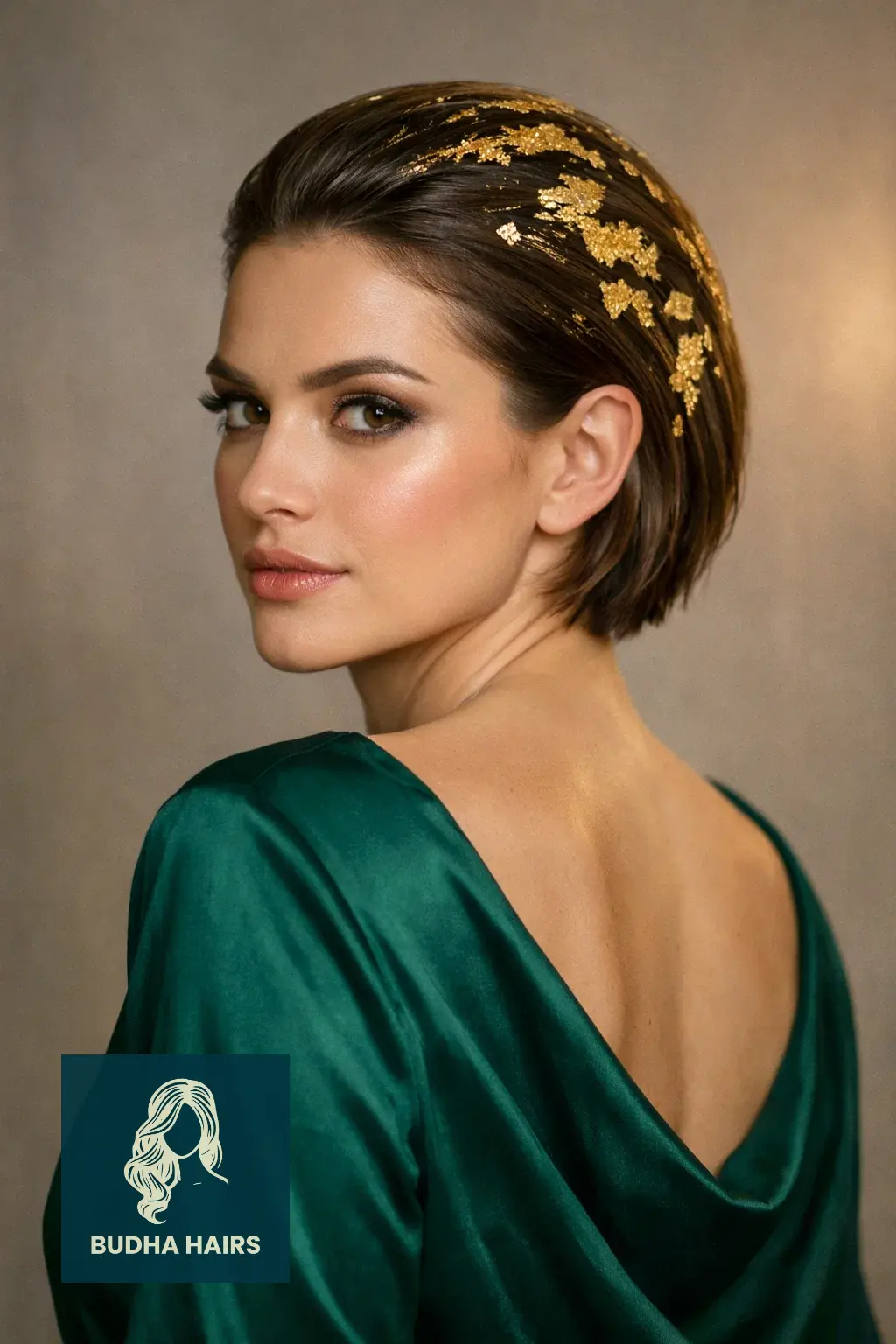 30 New Year’s Hairstyles for Short Hair Worth Trying 16 Slicked-Back Bob with Gold Leaf Parts
