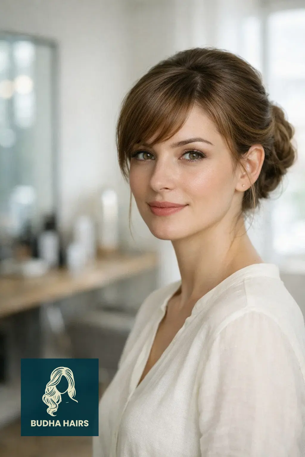 30 Elegant Hairstyles with Bangs: Stunning Formal Looks for 2026 3 Textured Chignon with Side-Swept Bangs