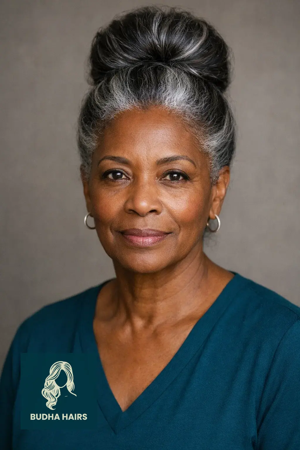 25 Easy and Elegant Updo Hairstyles for Older Black Women 1 The Classic High Bun with Silver Highlights