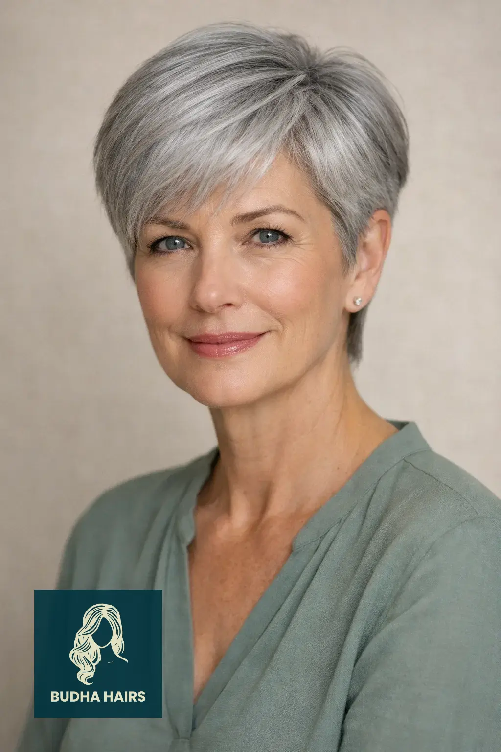 30 Short Hairstyles for Women Over 50 With Gray Hair That Look Chic 1 The Classic Silver Pixie with Side-Swept Fringe