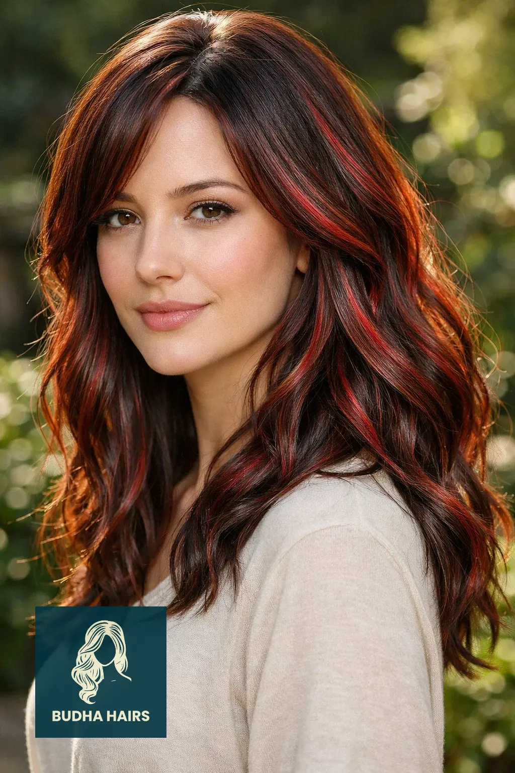 30 Best Cherry Cola Balayage Ideas for a Bold Look 2026 26 Toasted Almond with Cherry "Tinsel" Highlights