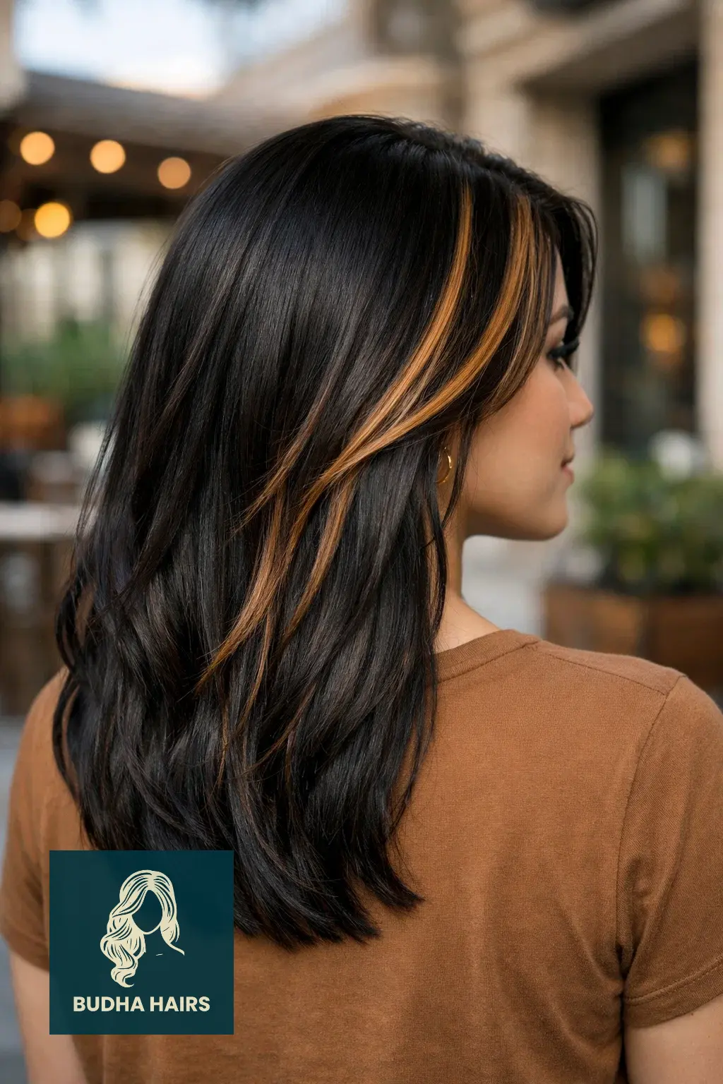 35 Best Black Hair with Brown Highlights: Top Ideas 2026 27 Toffee-Coffee "Money Piece"