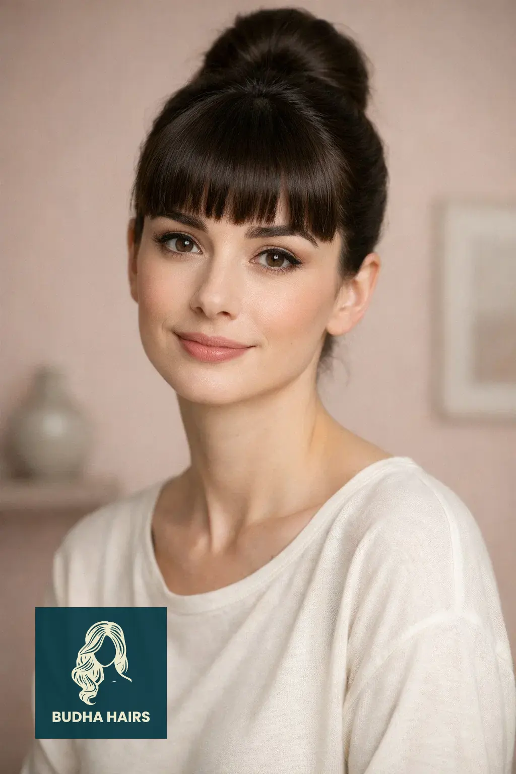 30 Elegant Hairstyles with Bangs: Stunning Formal Looks for 2026 28 Top Knot with Blunt Bangs (Audrey Style)