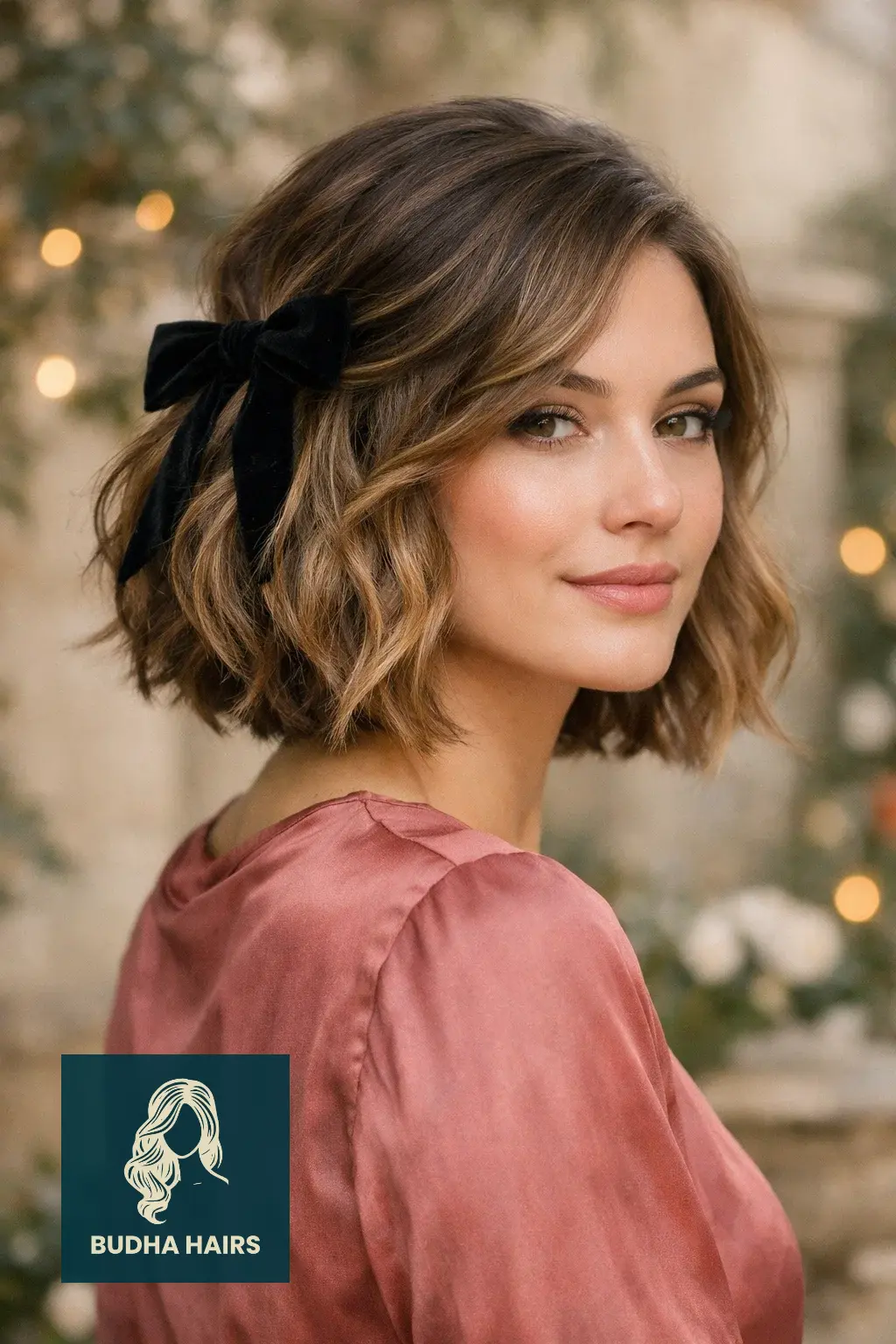 30 New Year’s Hairstyles for Short Hair Worth Trying 15 Wavy Lob with Velvet Ribbon Accents