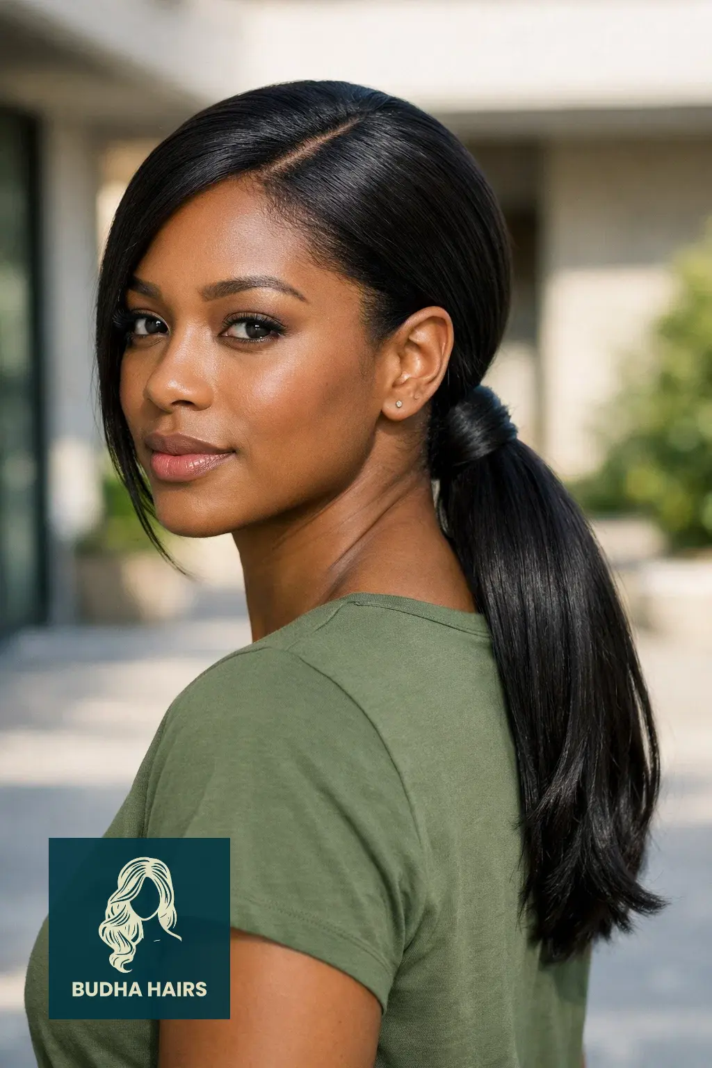 30 Straight Hairstyles for Black Women That Look Sleek 14 Wrapped Low Ponytail with a Deep Part